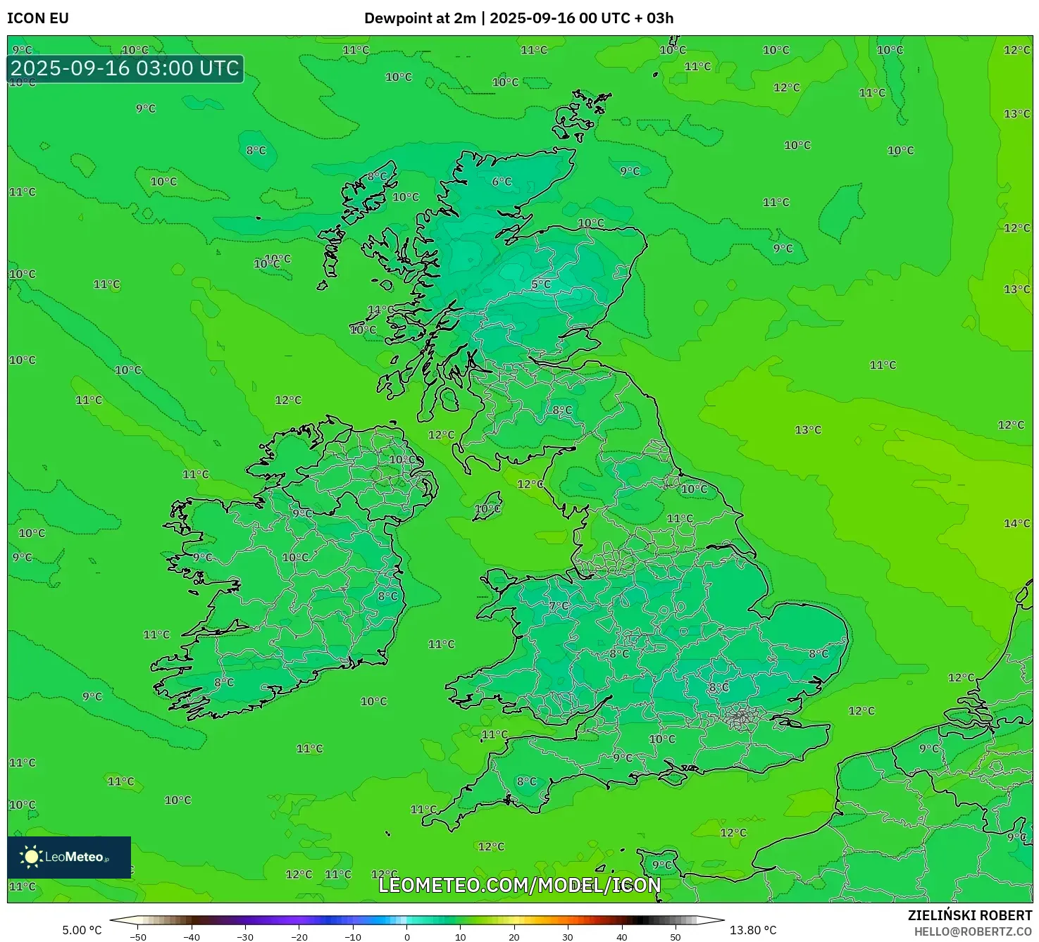 ICON model - United Kingdom, Dewpoint at 2m