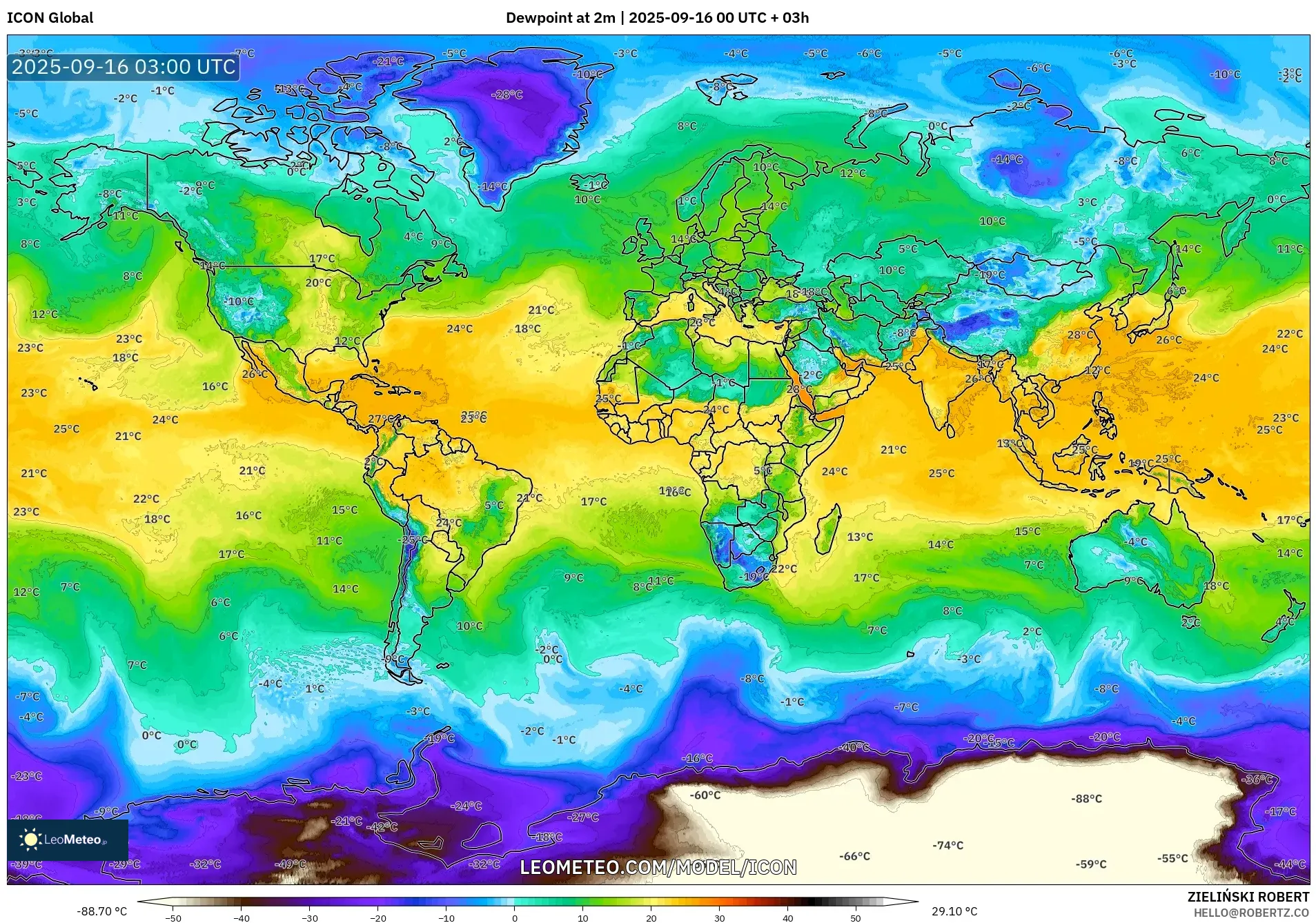 ICON model - World, Dewpoint at 2m