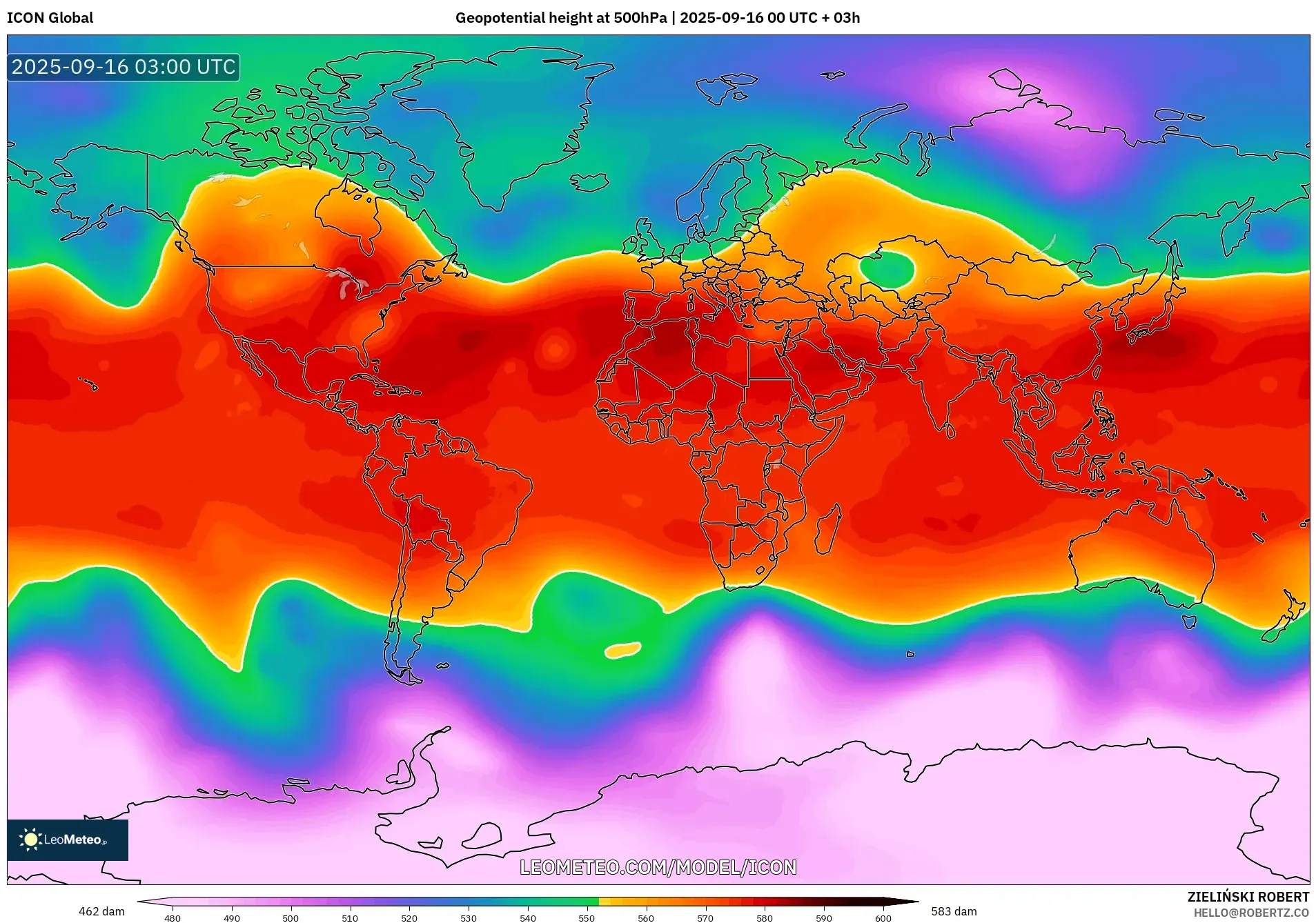 ICON model - World, Geopotential height at 500hPa