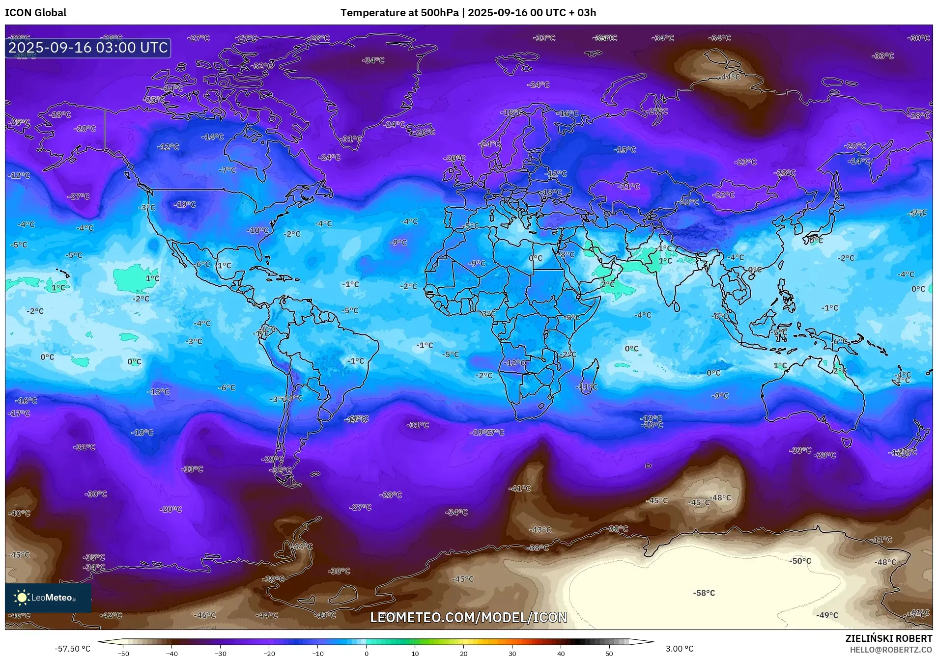 ICON model - World, Temperature at 500hPa ICON model - World, Temperature at 500hPa
