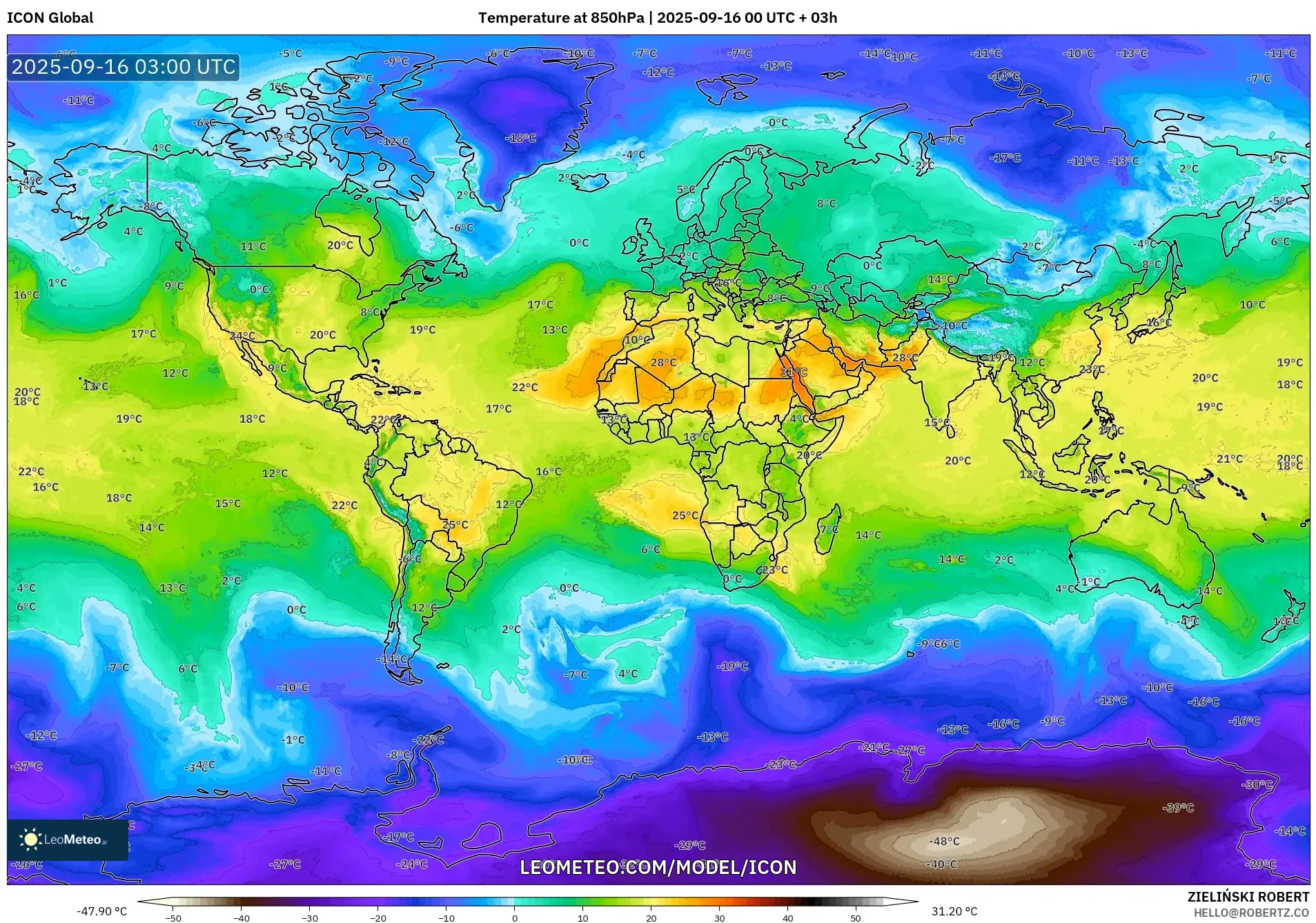 ICON model - World, Temperature at 850hPa ICON model - World, Temperature at 850hPa
