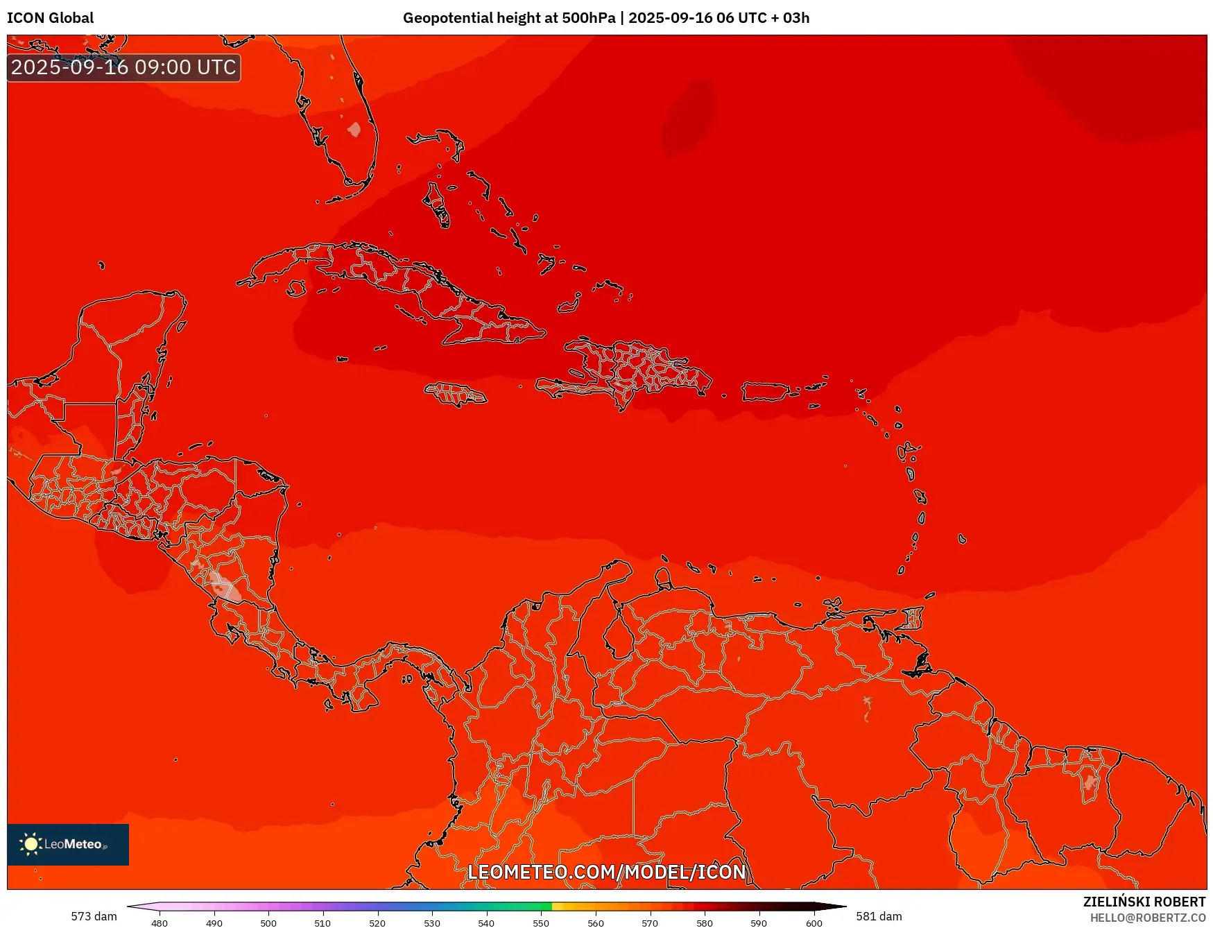 ICON model - Caribbean, Geopotential height at 500hPa