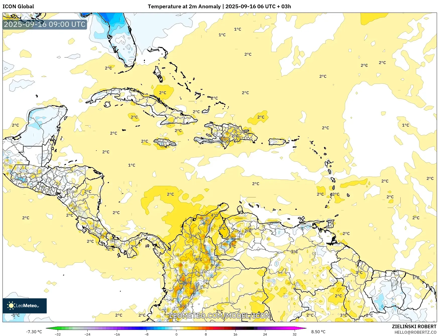 ICON model - Caribbean, Temperature at 2m Anomaly