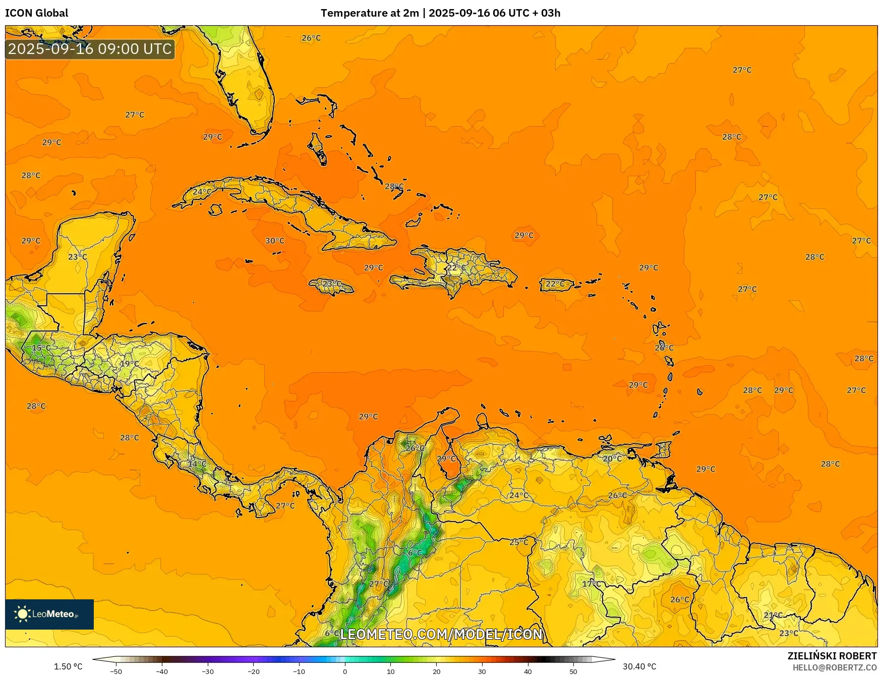 ICON model - Caribbean, Temperature at 2m ICON model - Caribbean, Temperature at 2m