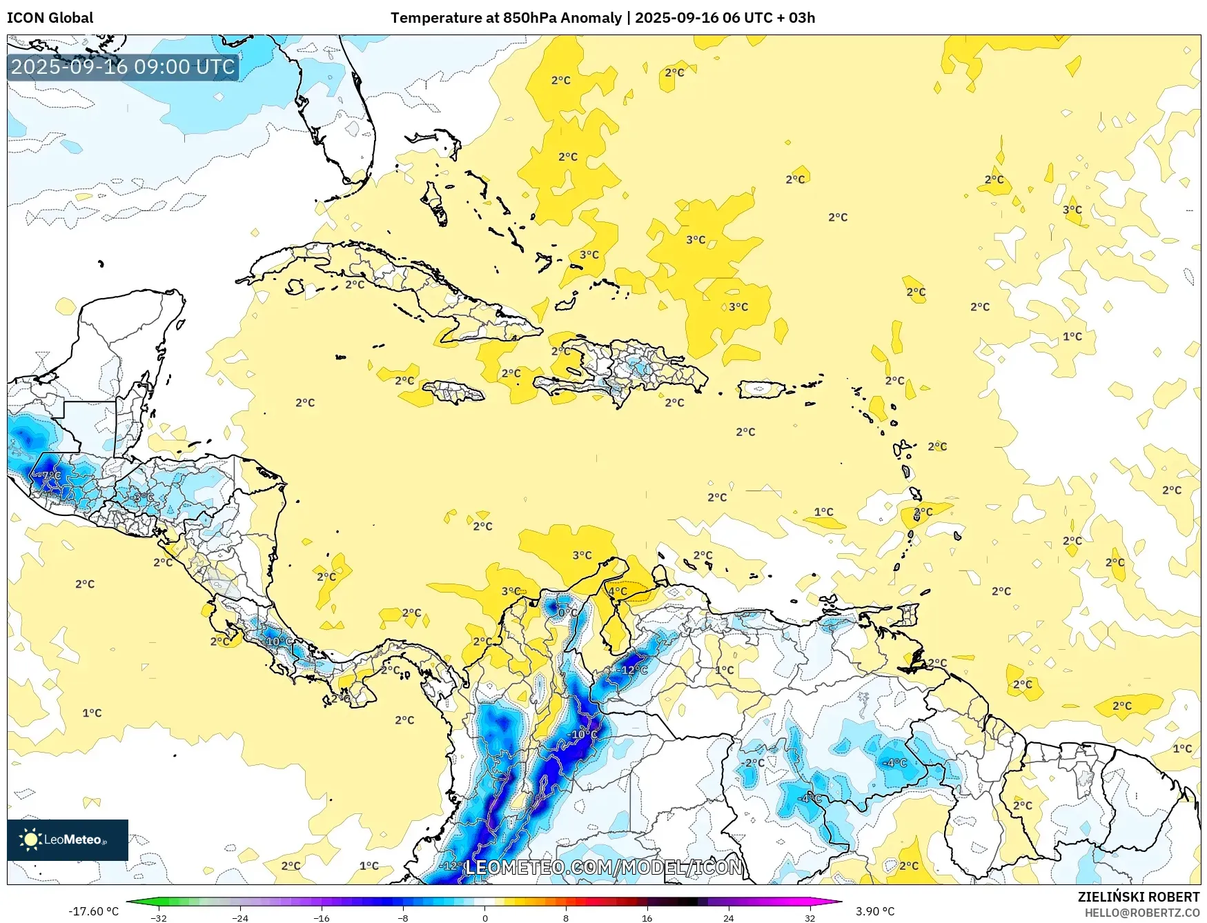 ICON model - Caribbean, Temperature at 850hPa Anomaly