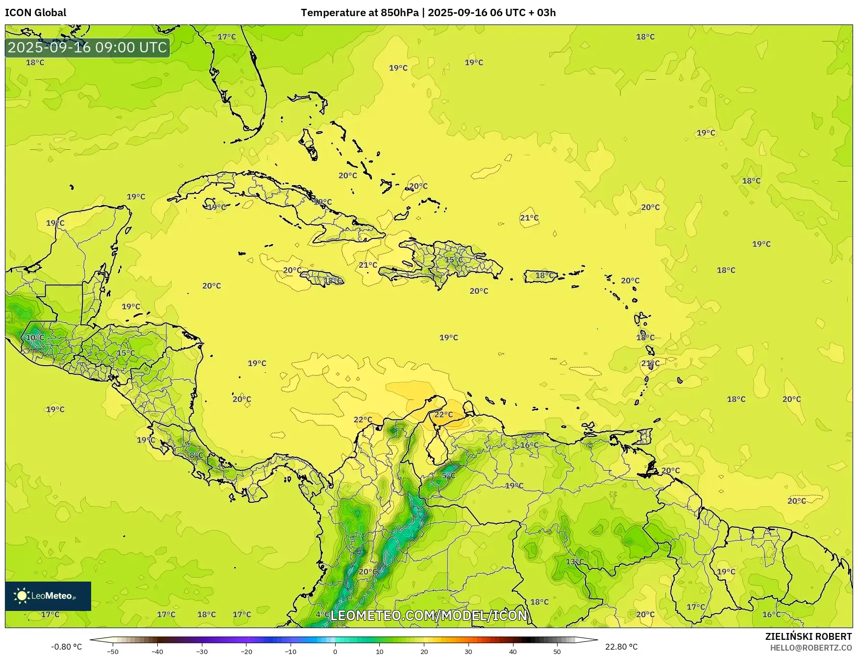 ICON model - Caribbean, Temperature at 850hPa