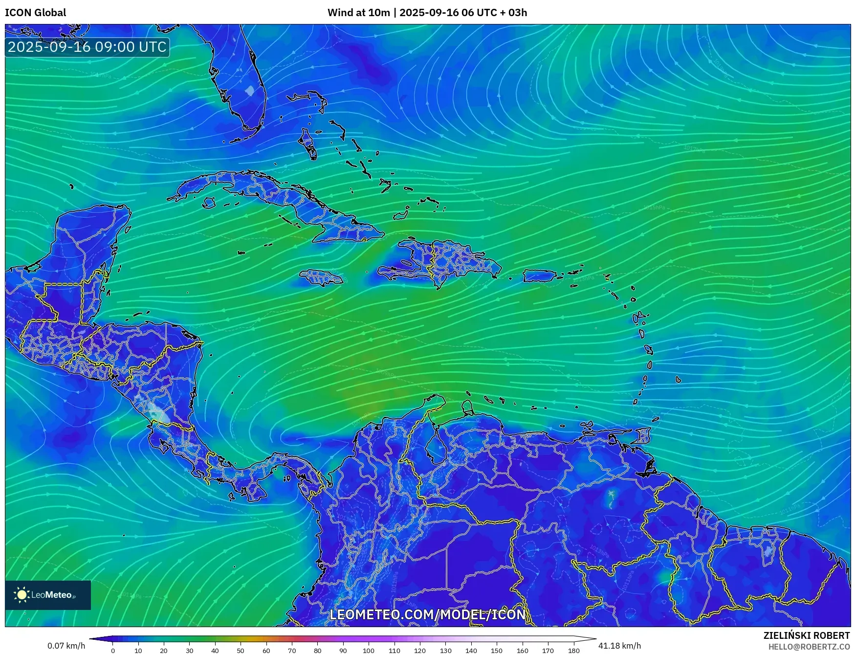 ICON model - Caribbean, Wind at 10m