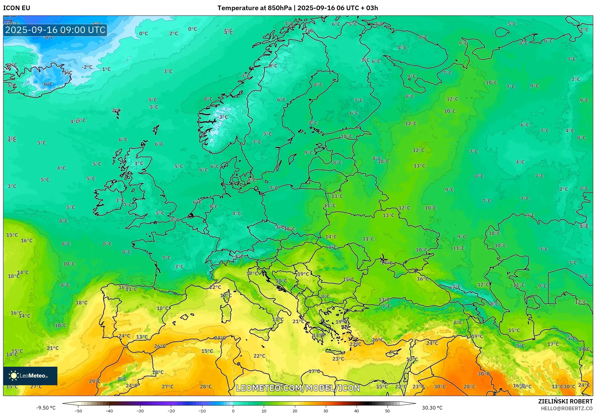ICON model - Europe, Temperature at 850hPa