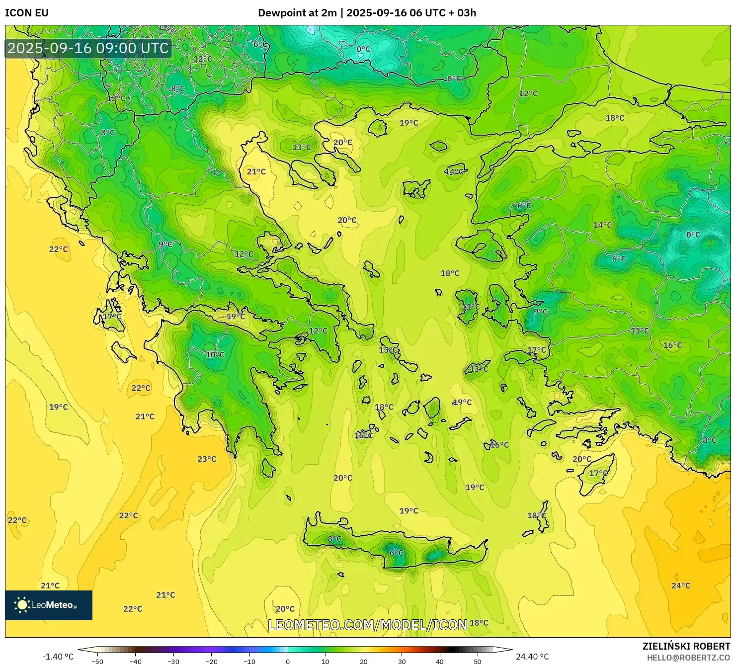 ICON model - Greece, Dewpoint at 2m