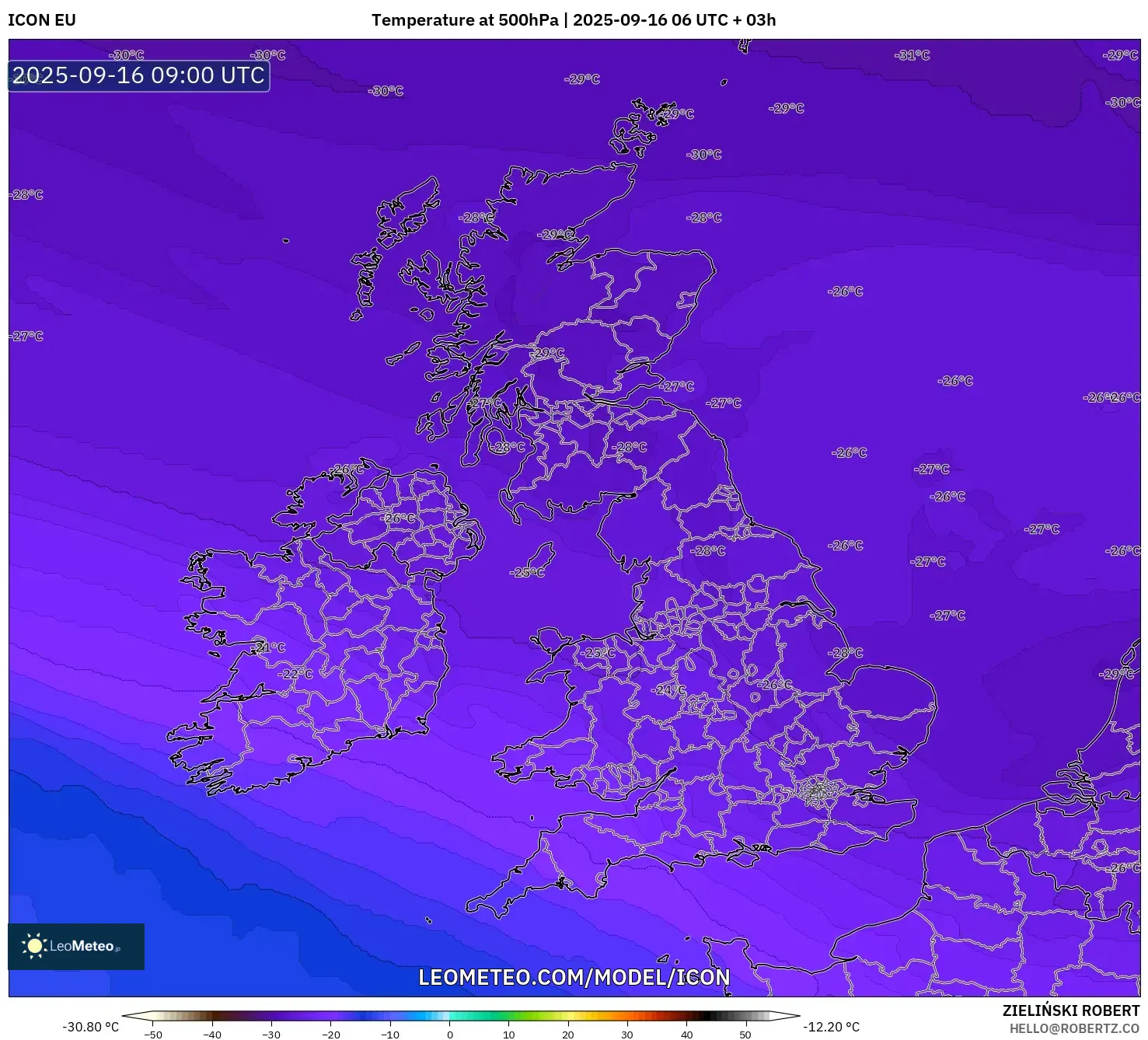 ICON model - United Kingdom, Temperature at 500hPa ICON model - United Kingdom, Temperature at 500hPa