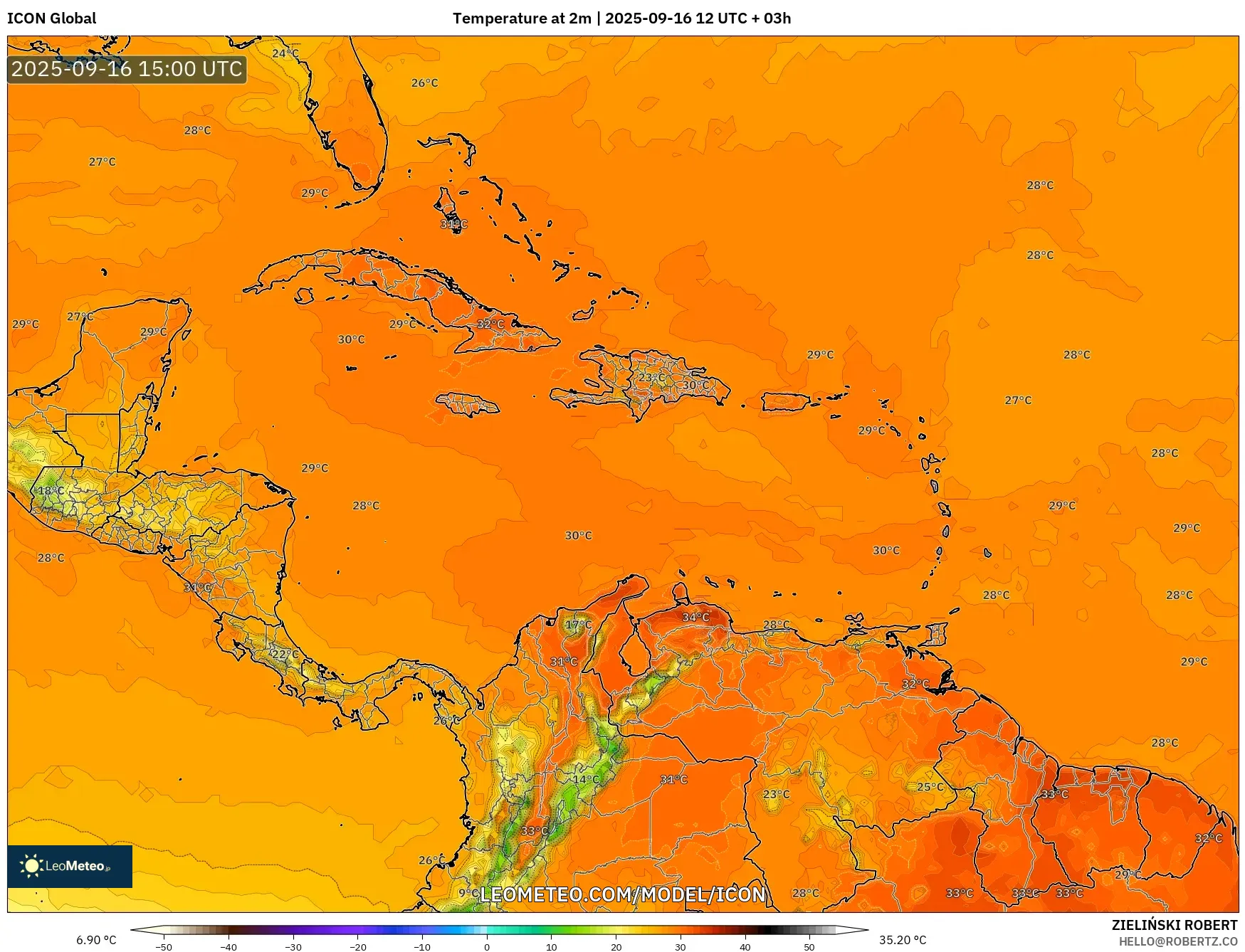 ICON model - Caribbean, Temperature at 2m