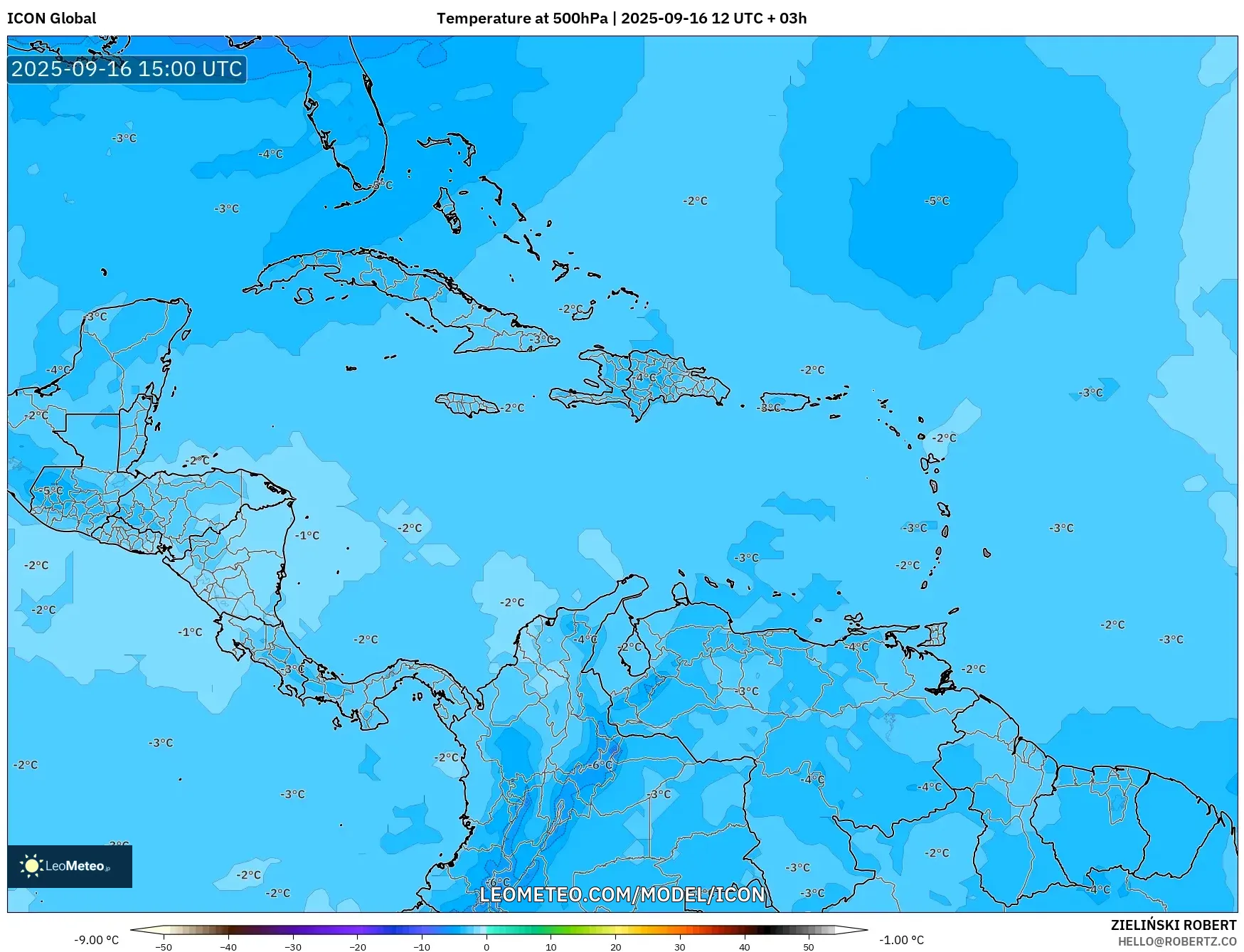 ICON model - Caribbean, Temperature at 500hPa