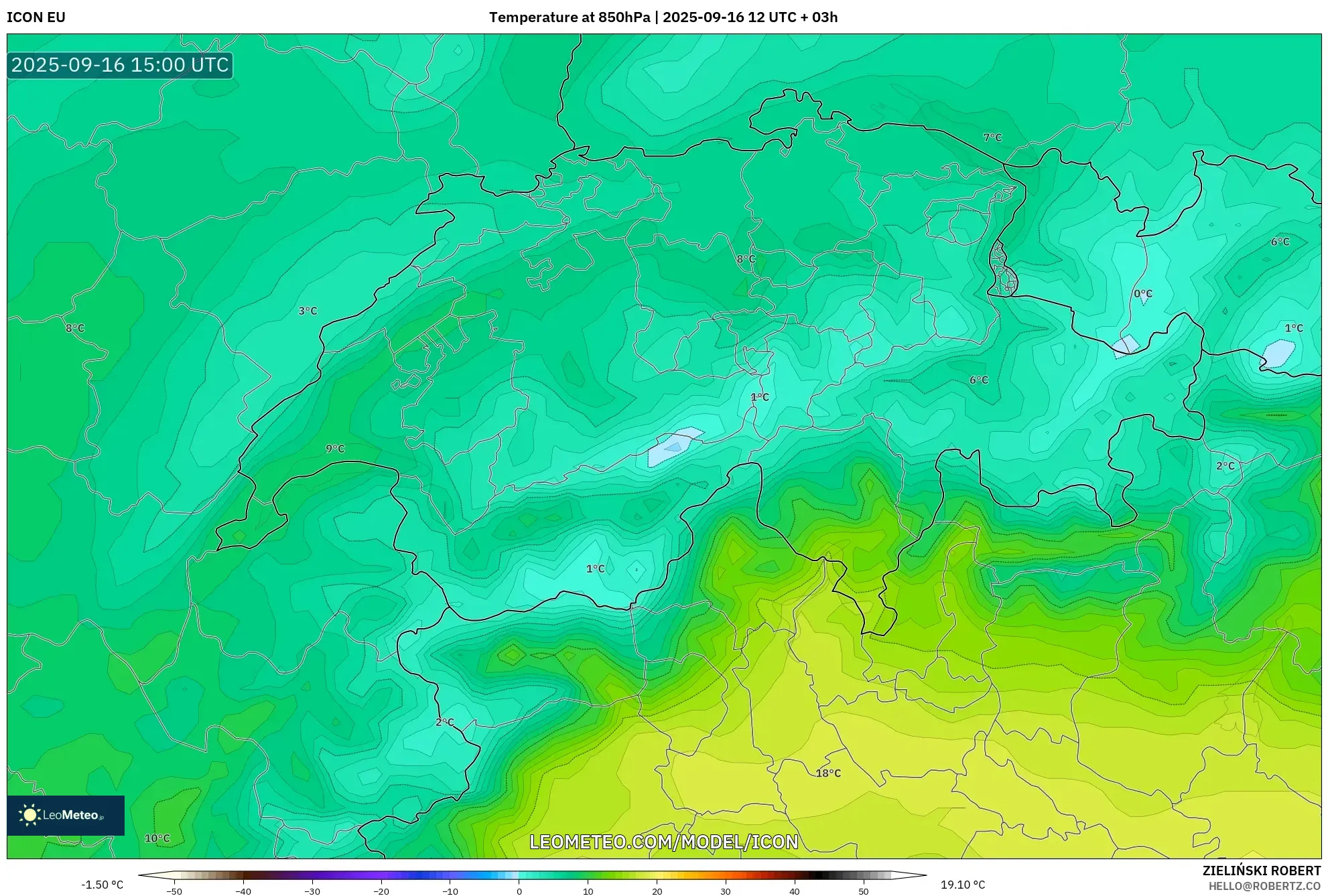 ICON model - Switzerland, Temperature at 850hPa