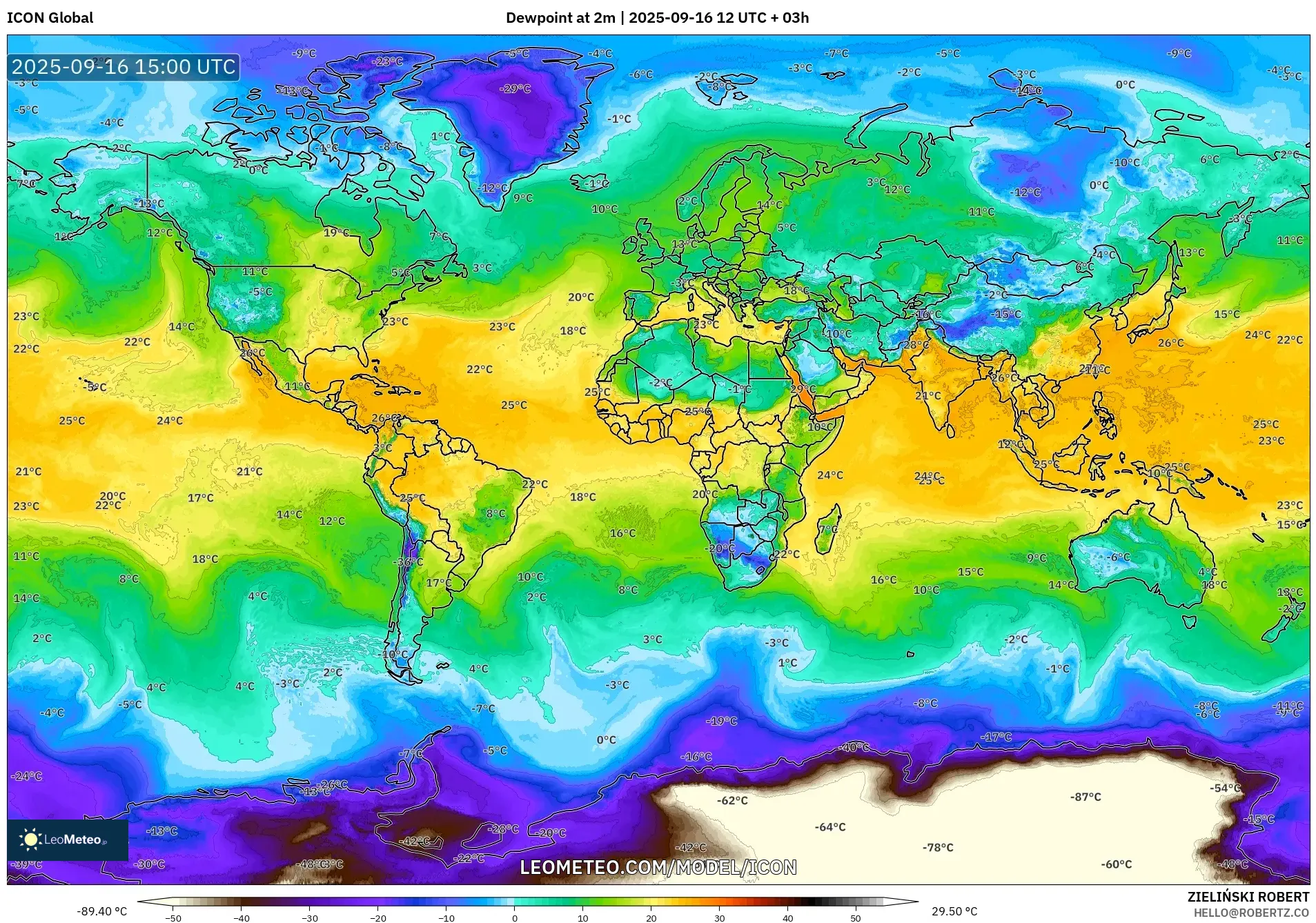 ICON model - World, Dewpoint at 2m