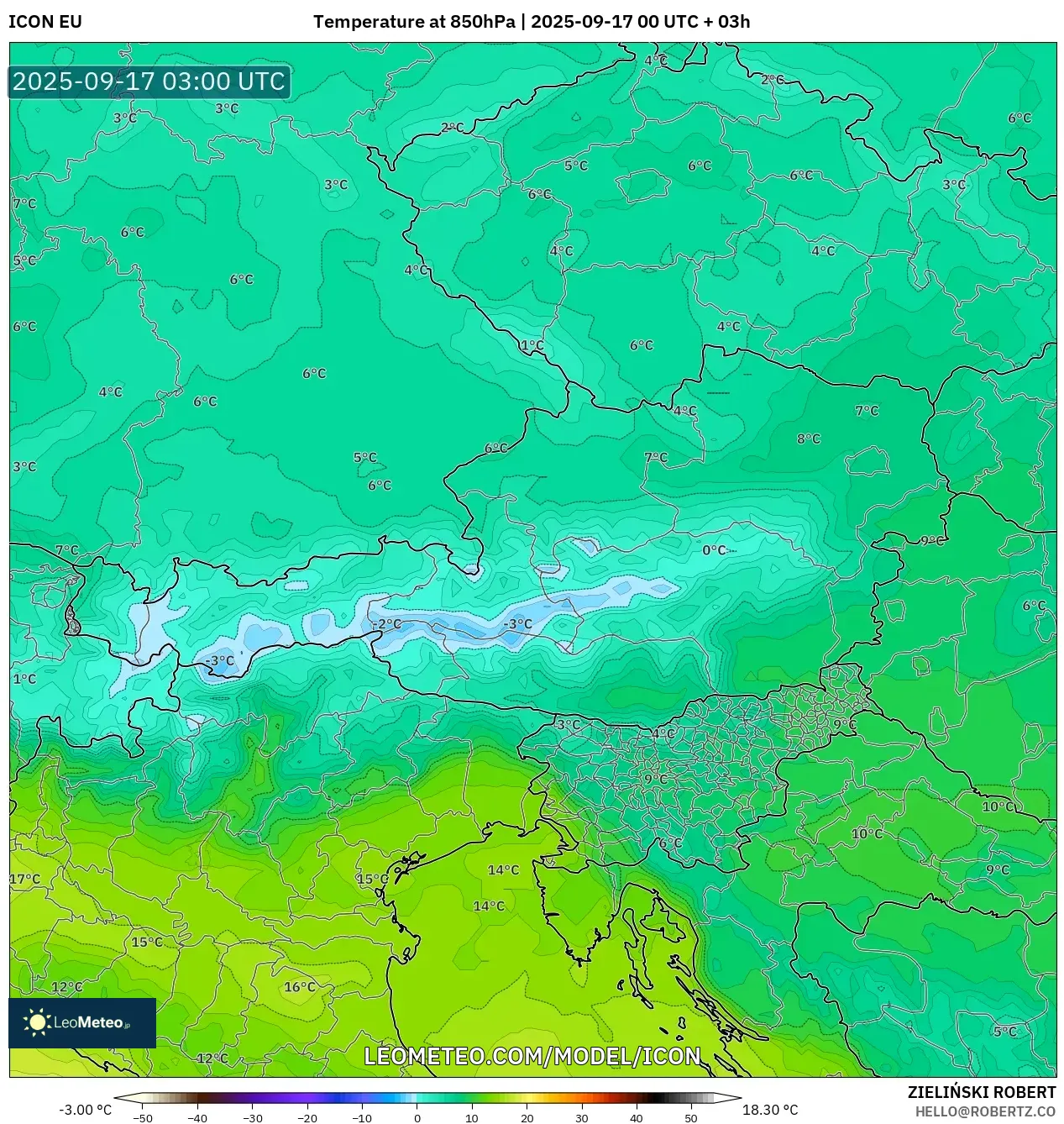 ICON model - Austria, Temperature at 850hPa