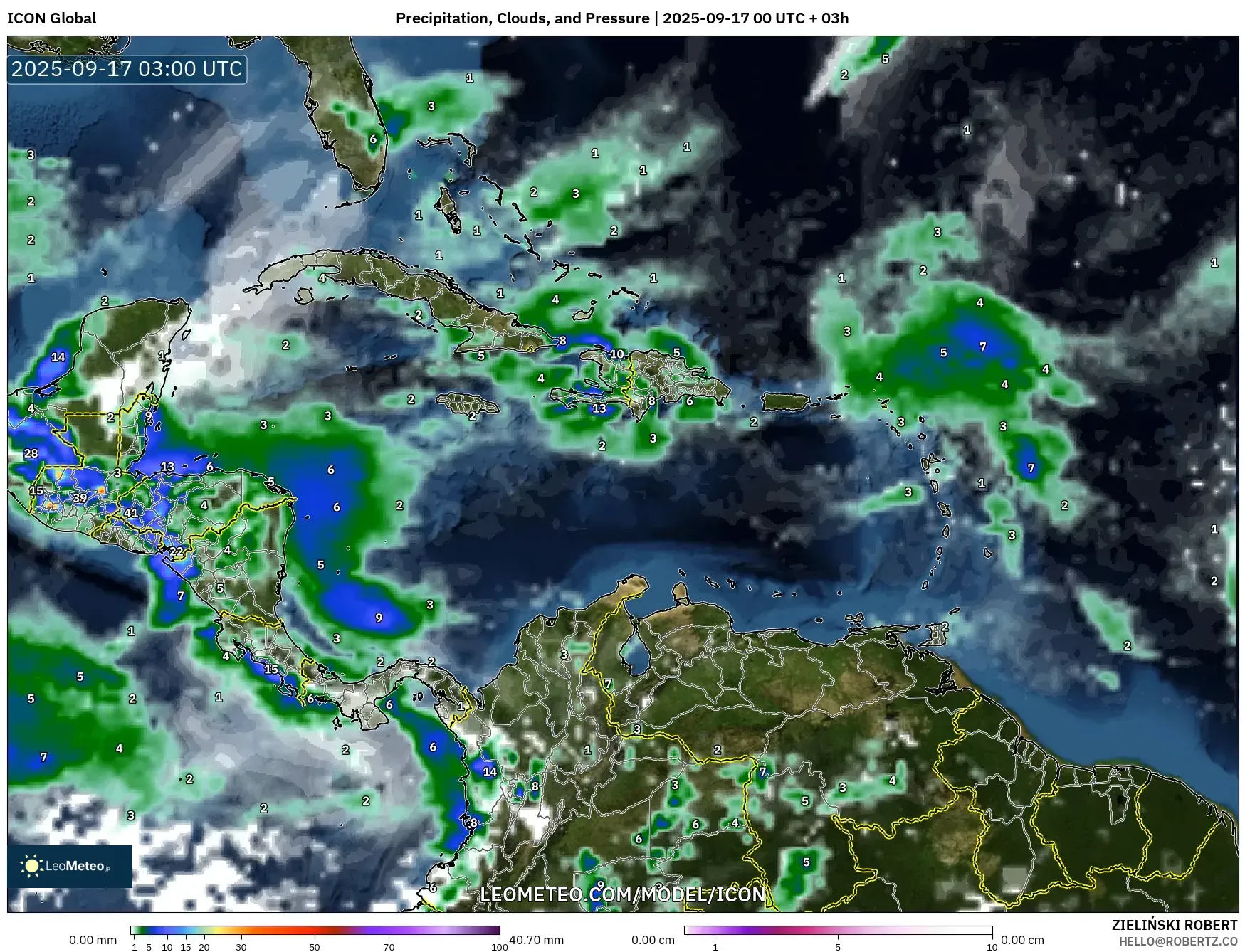 ICON model - Caribbean, Precipitation, Clouds, and Pressure