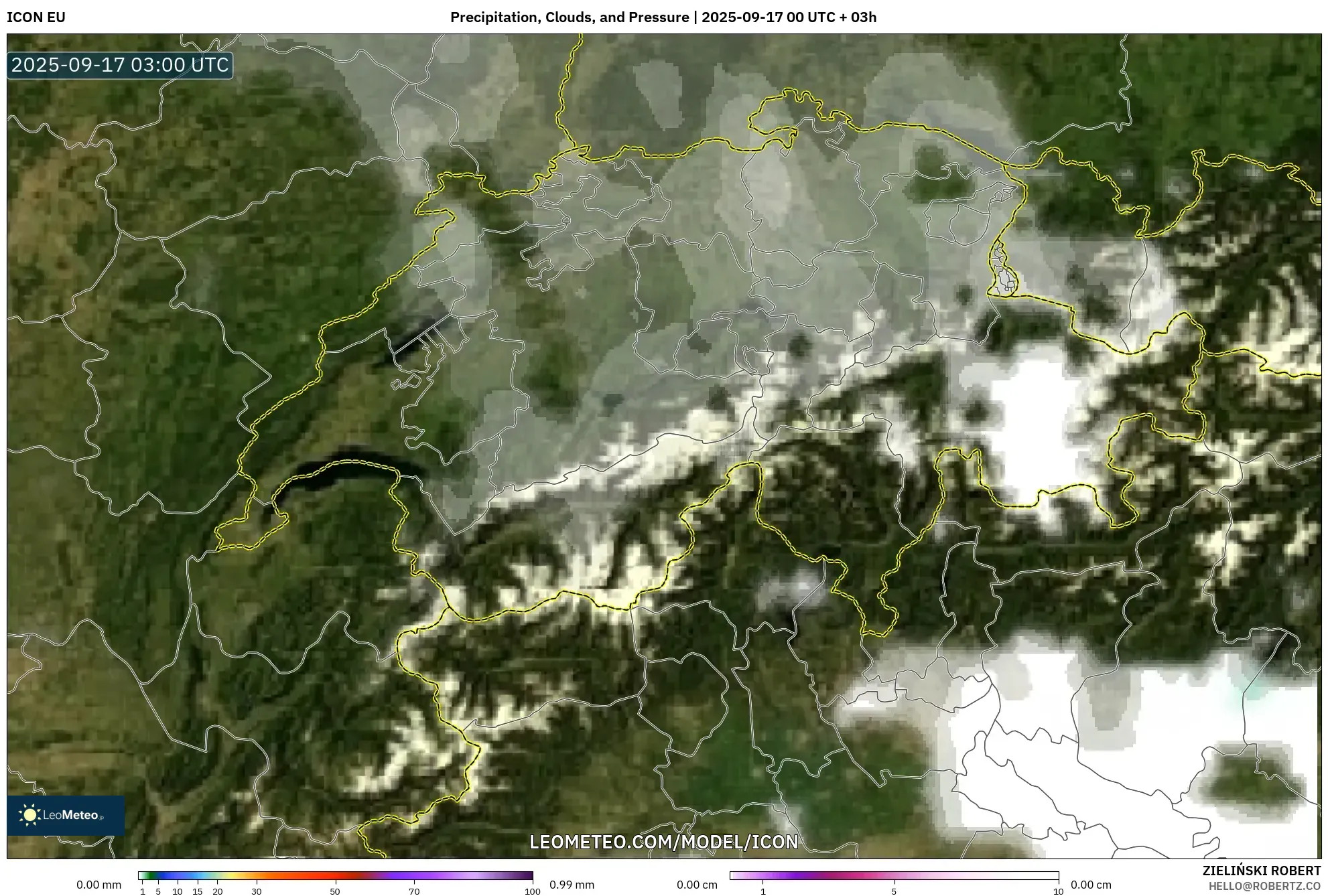 ICON model - Switzerland, Precipitation, Clouds, and Pressure