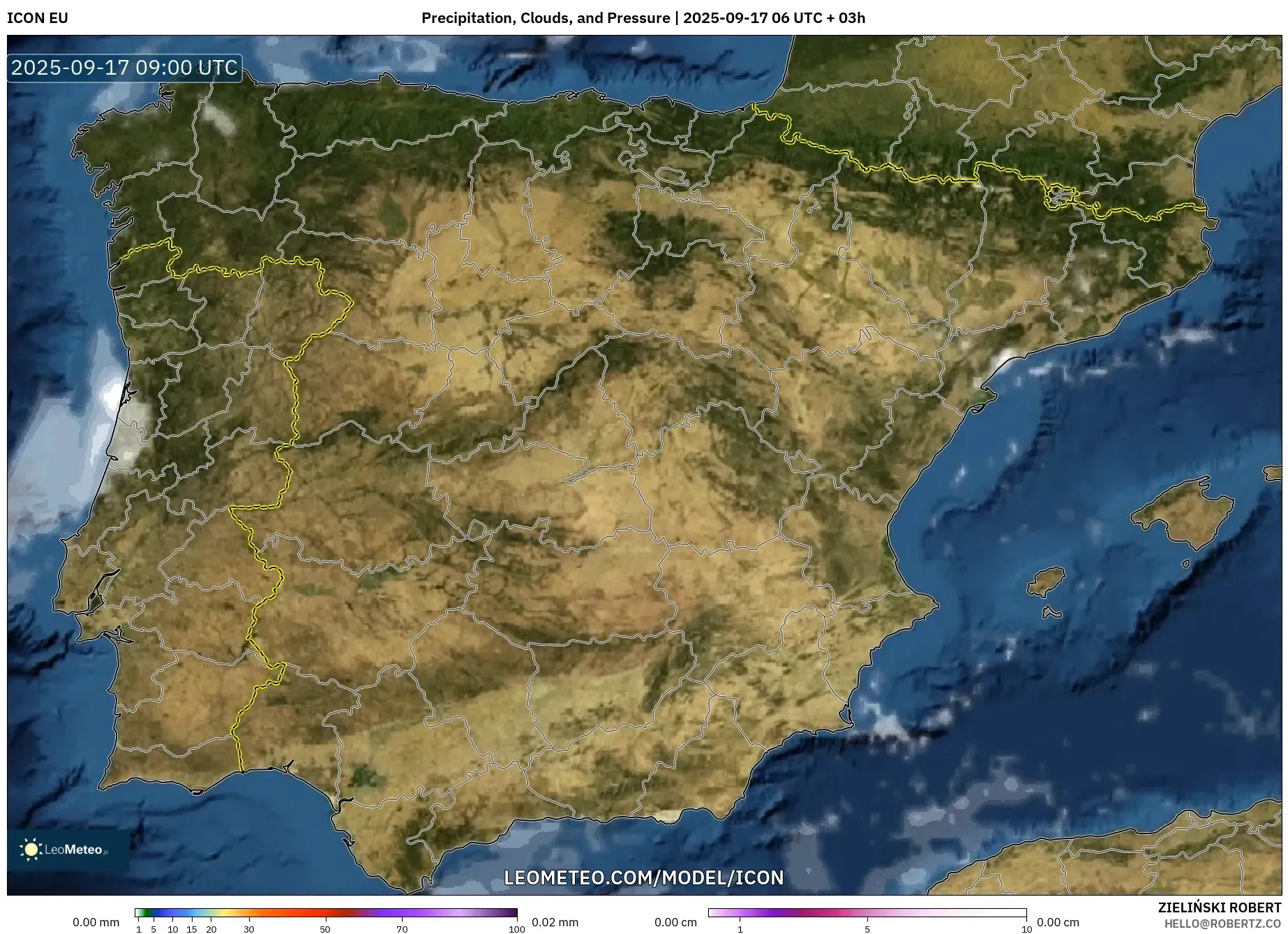 ICON model - Spain, Precipitation, Clouds, and Pressure