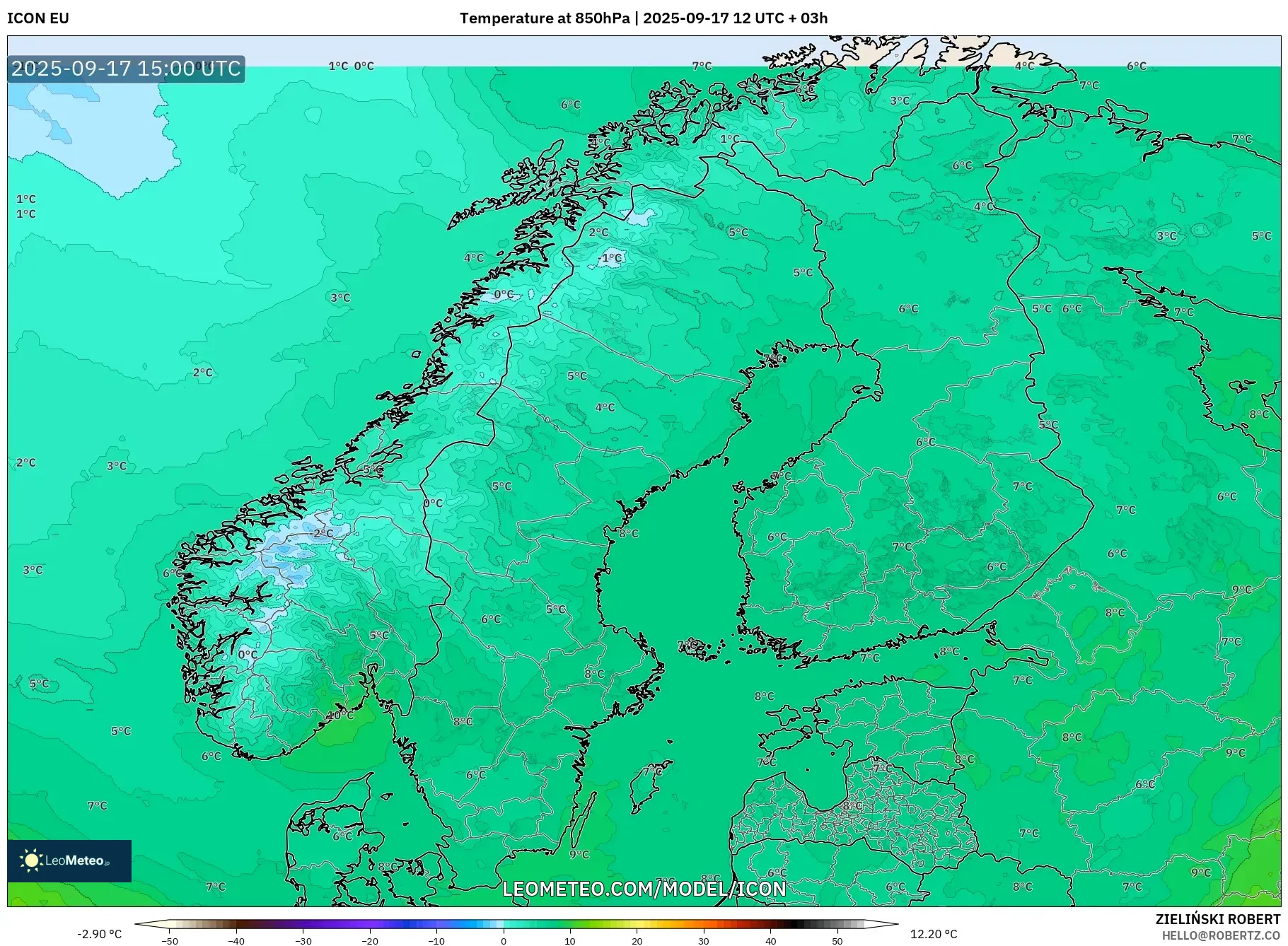 ICON model - Scandinavia, Temperature at 850hPa