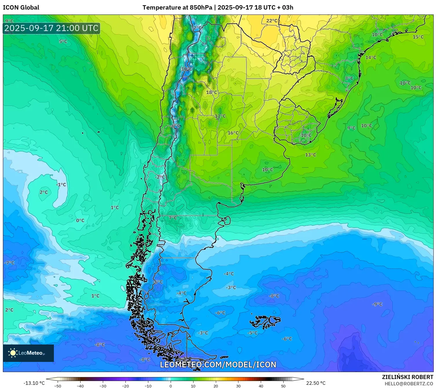 ICON model - Argentina, Temperature at 850hPa ICON model - Argentina, Temperature at 850hPa
