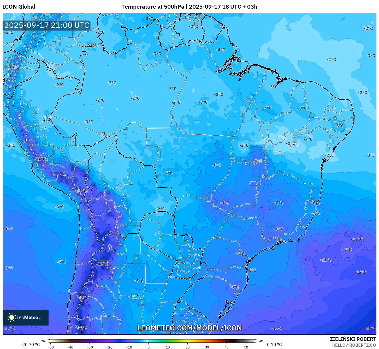 ICON model - Brazil, Temperature at 500hPa