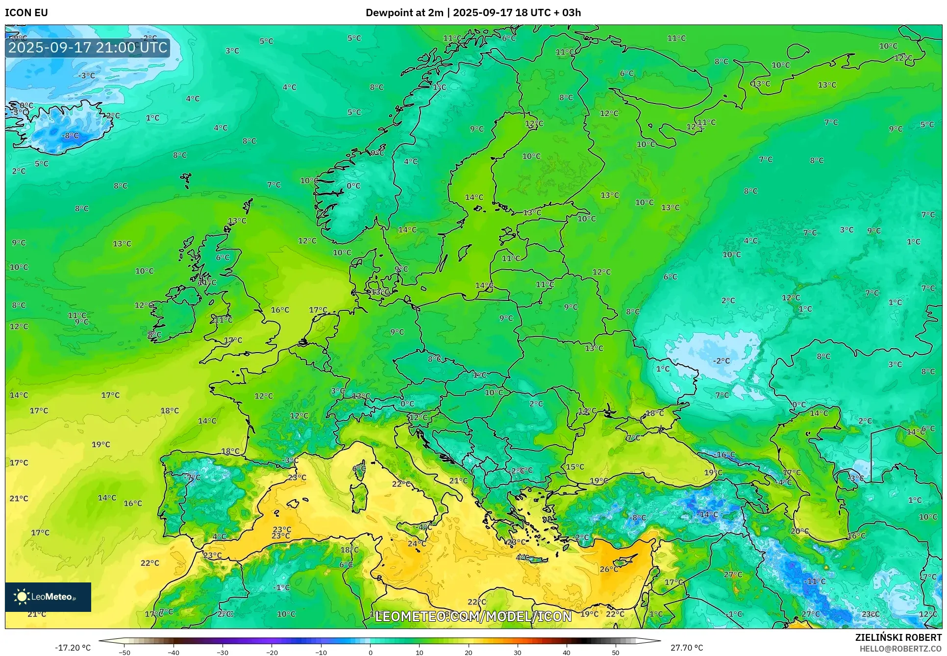 ICON model - Europe, Dewpoint at 2m