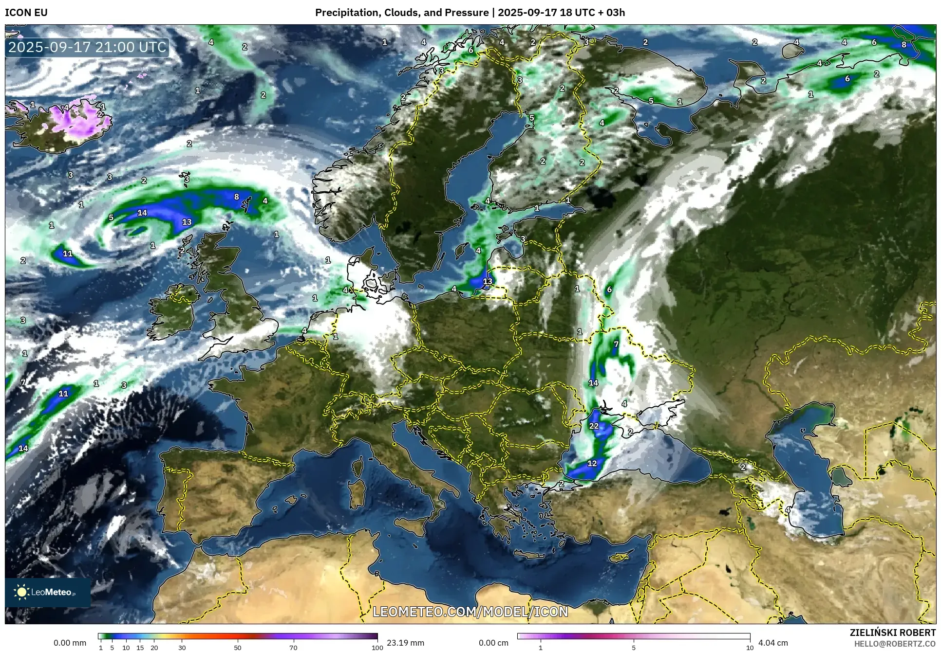 ICON model - Europe, Precipitation, Clouds, and Pressure ICON model - Europe, Precipitation, Clouds, and Pressure