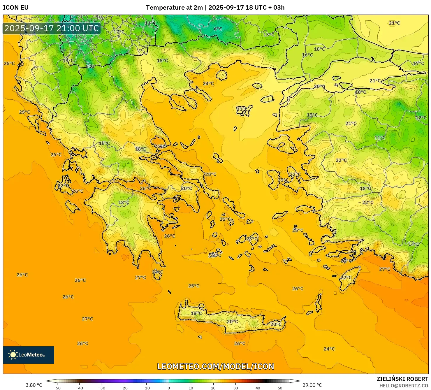 ICON model - Greece, Temperature at 2m