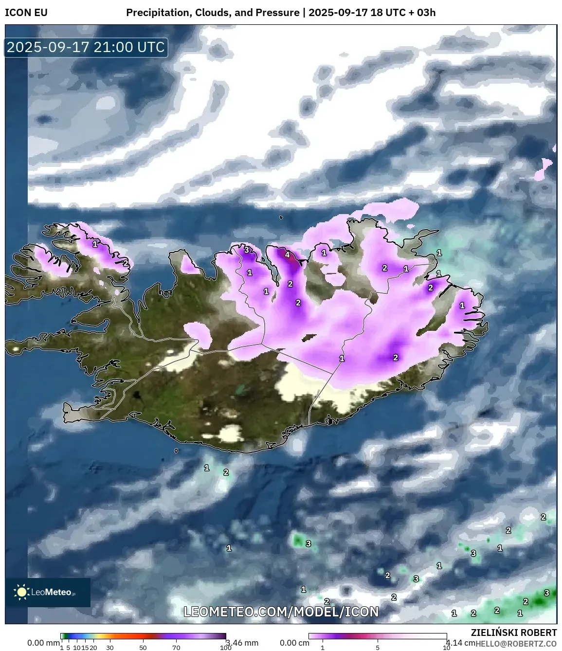 ICON model - Iceland, Precipitation, Clouds, and Pressure