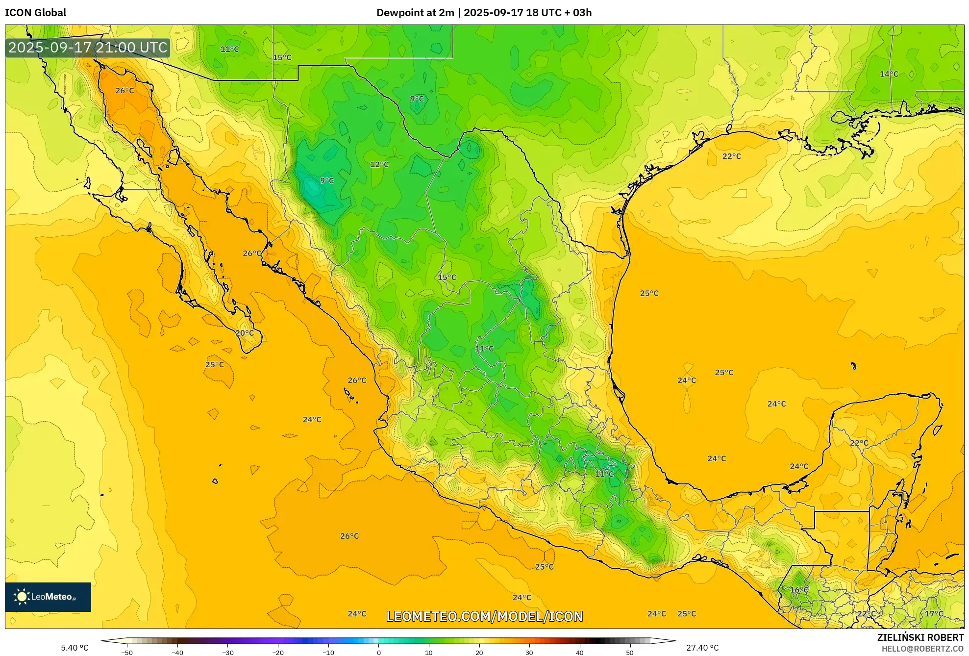 ICON model - Mexico, Dewpoint at 2m