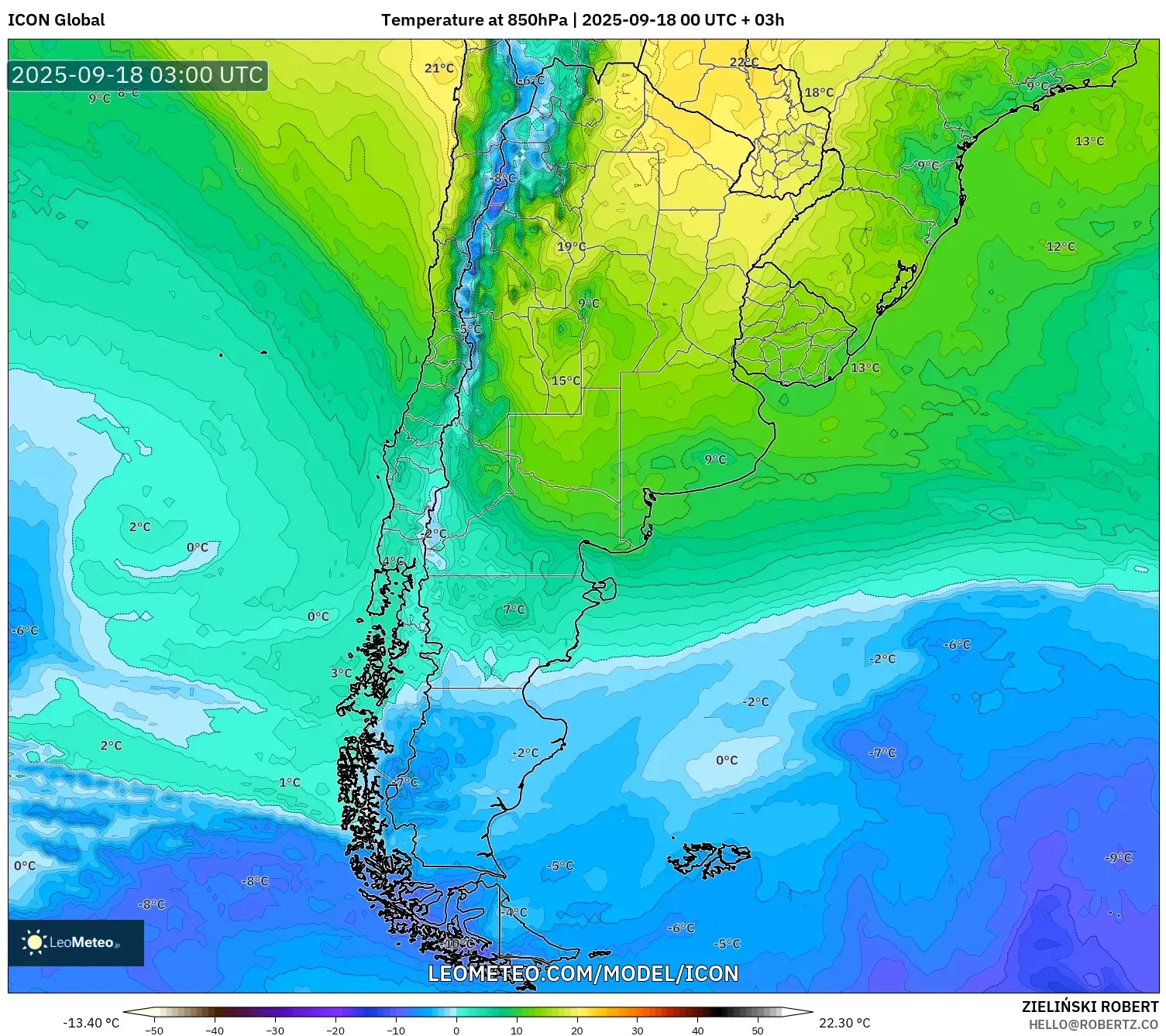 ICON model - Argentina, Temperature at 850hPa ICON model - Argentina, Temperature at 850hPa