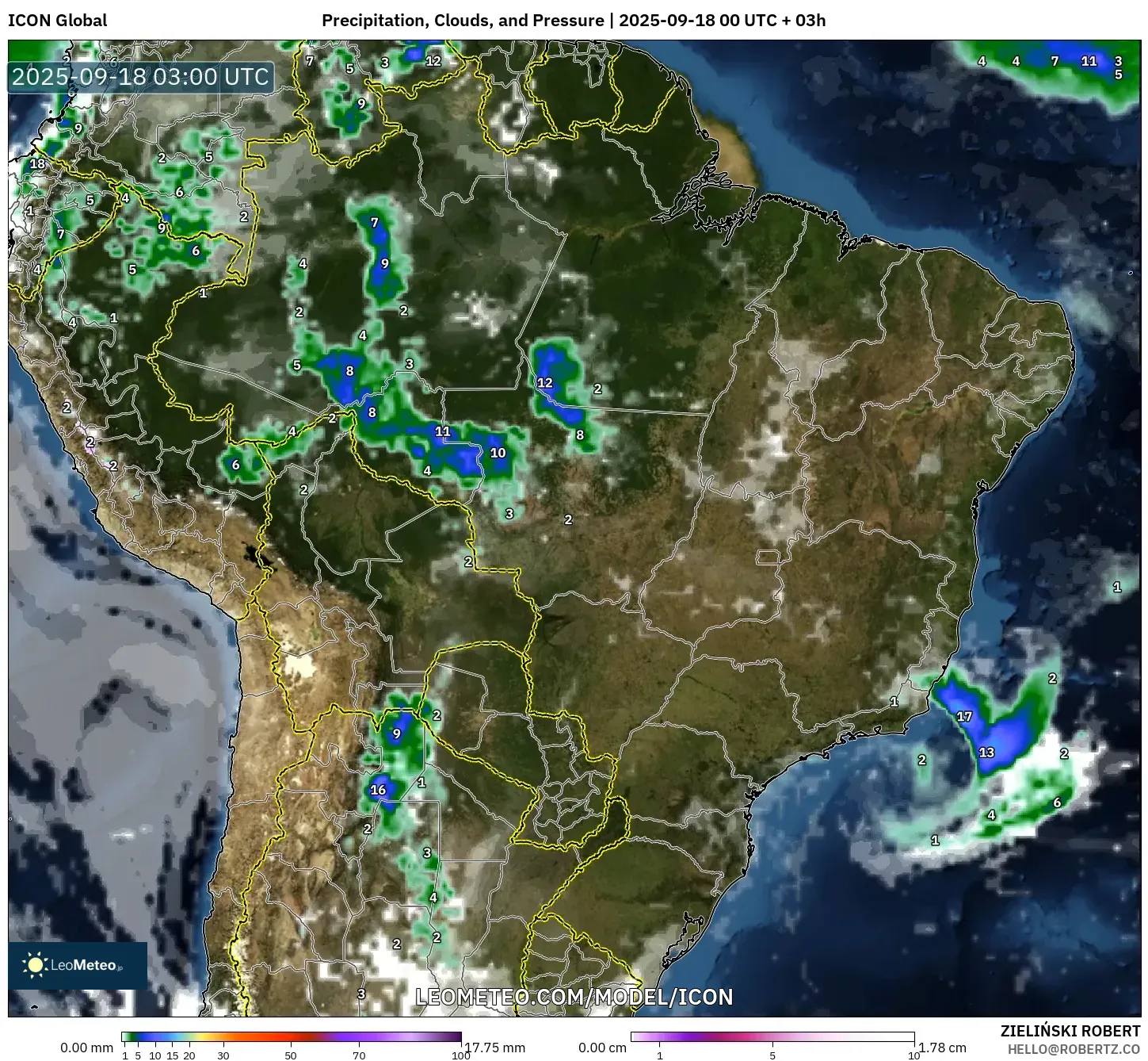 ICON model - Brazil, Precipitation, Clouds, and Pressure ICON model - Brazil, Precipitation, Clouds, and Pressure