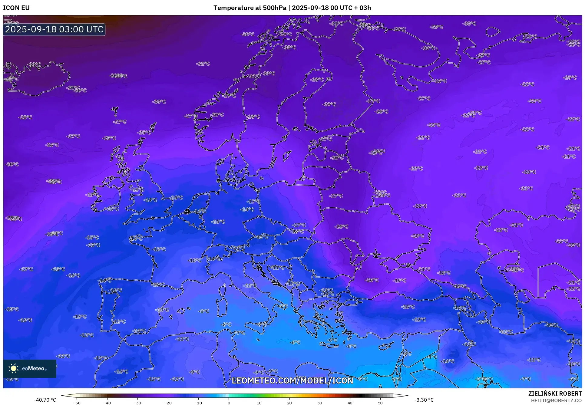 ICON model - Europe, Temperature at 500hPa