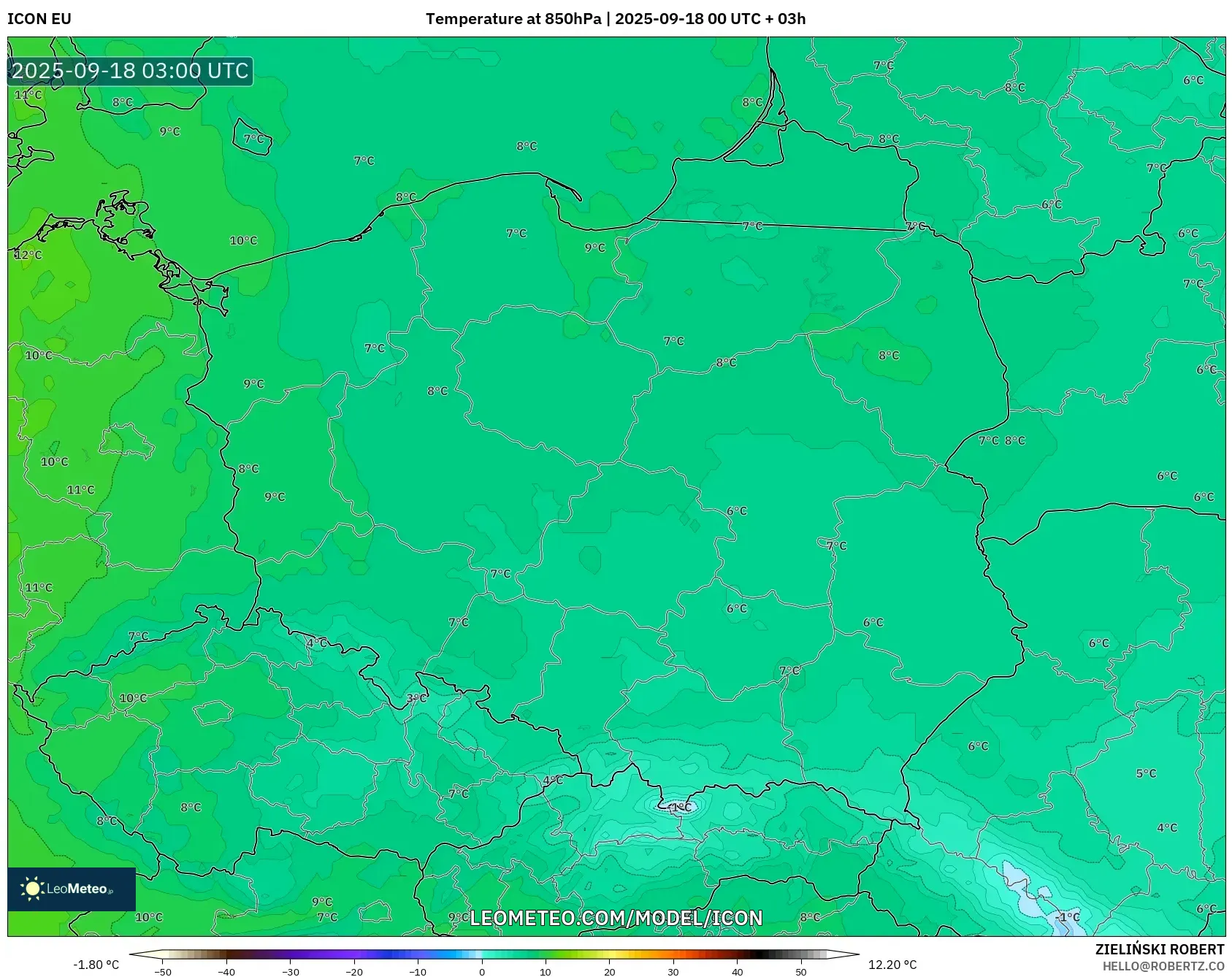 ICON model - Poland, Temperature at 850hPa