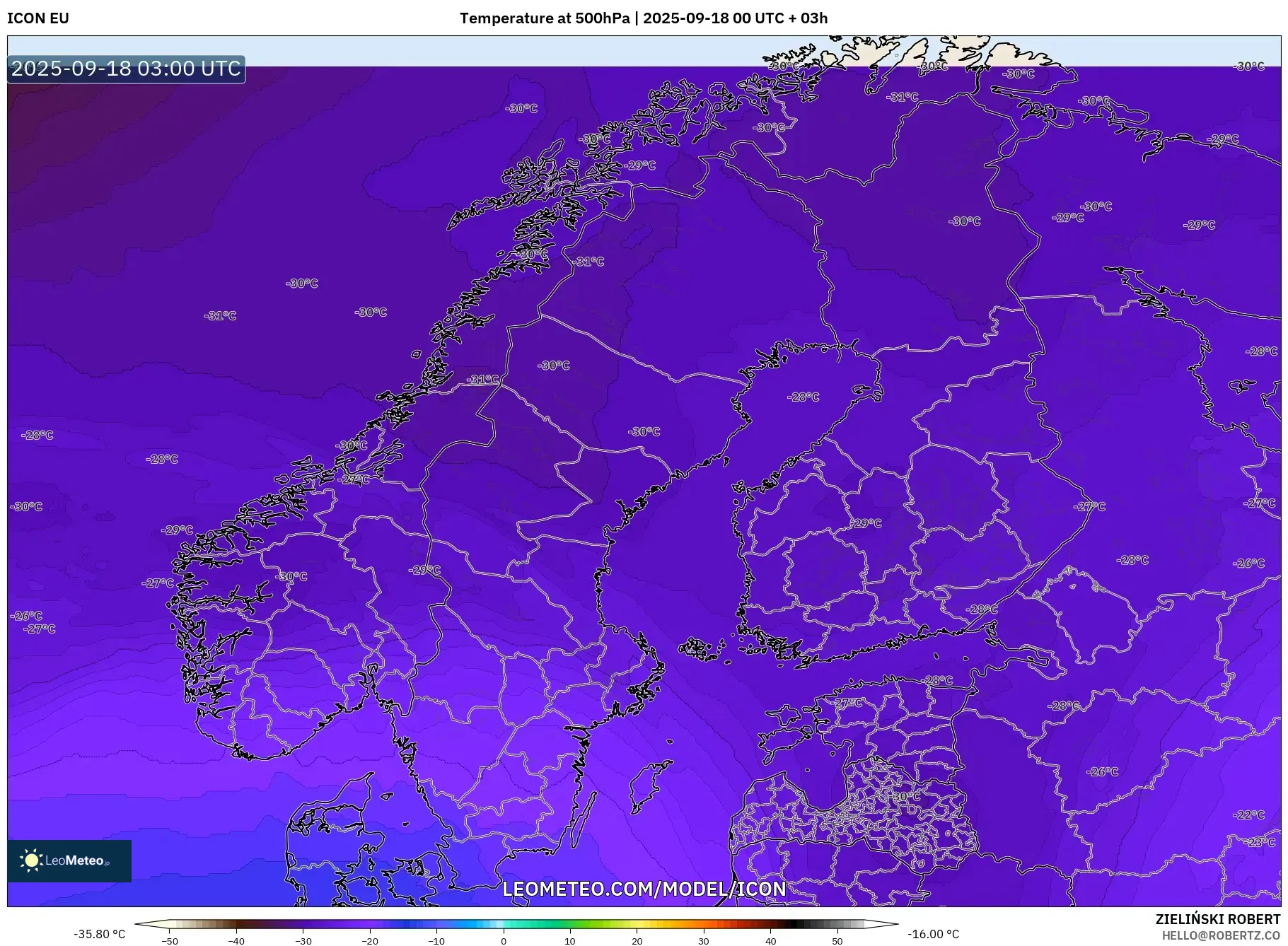 ICON model - Scandinavia, Temperature at 500hPa