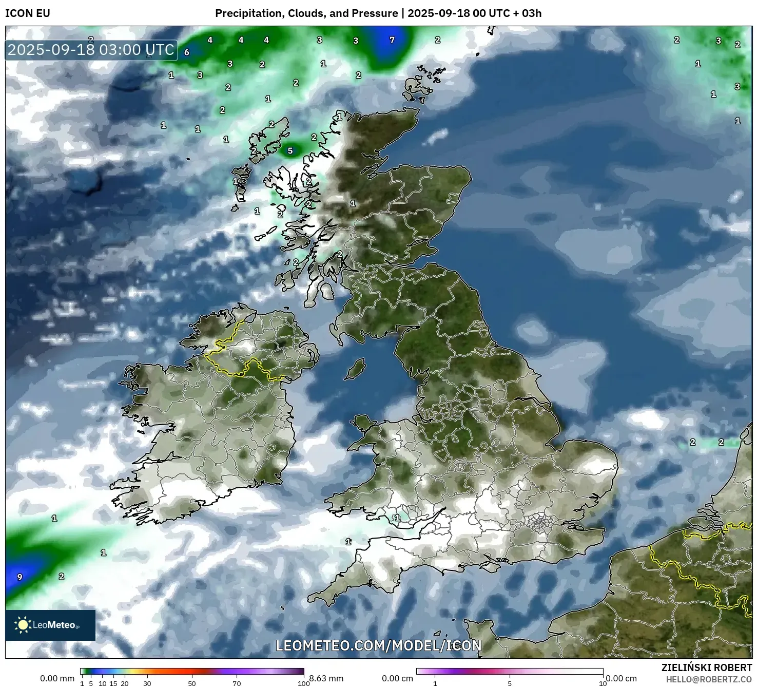 ICON model - United Kingdom, Precipitation, Clouds, and Pressure