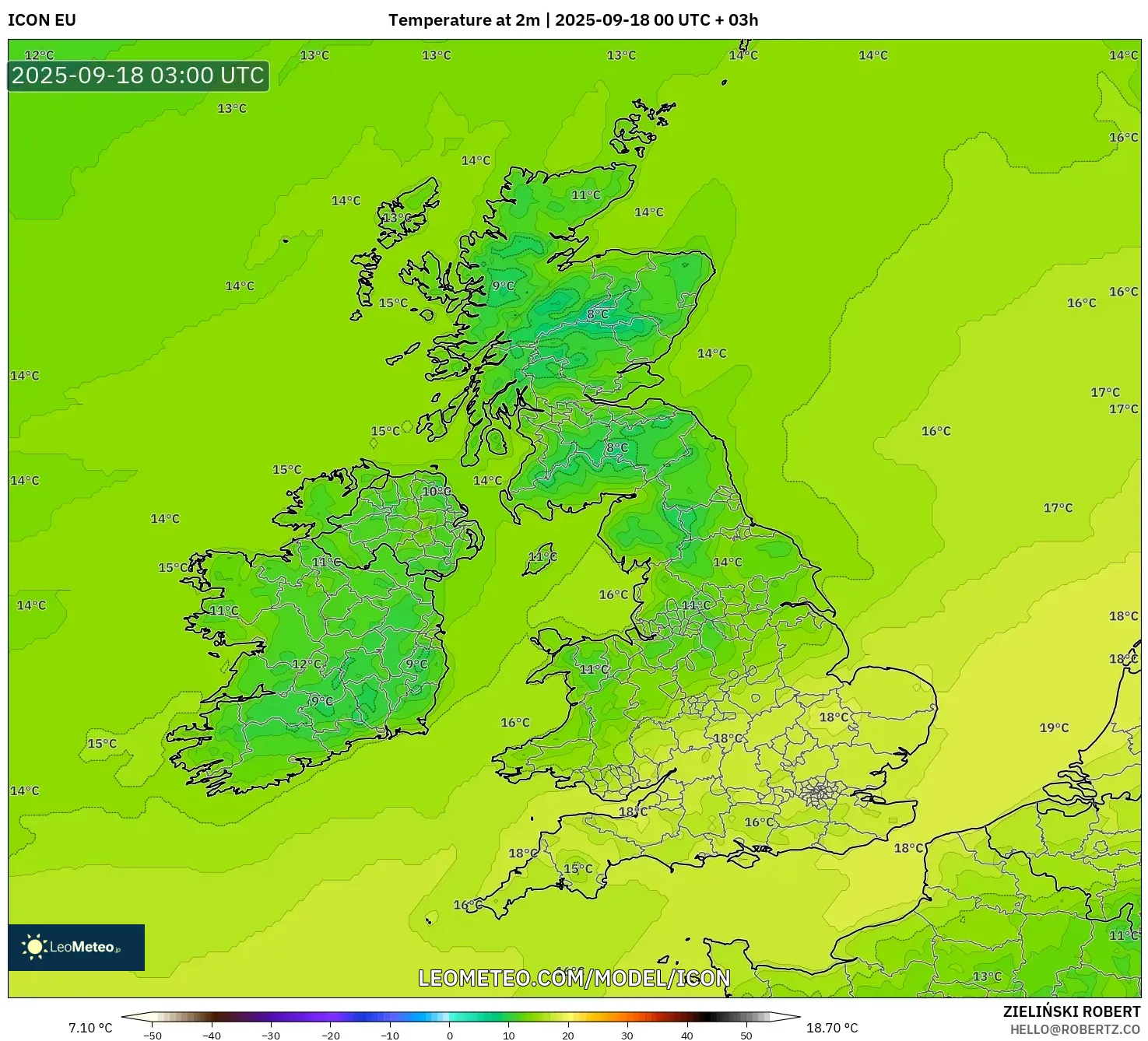 ICON model - United Kingdom, Temperature at 2m