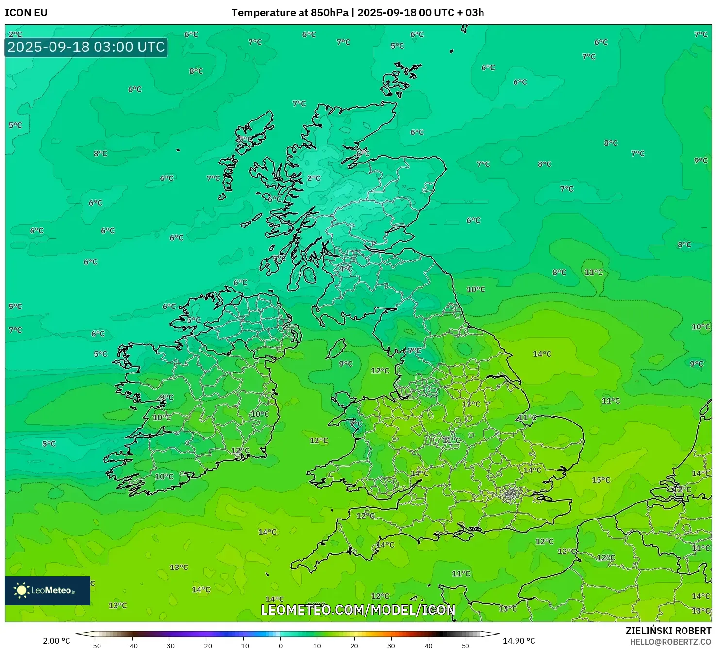 ICON model - United Kingdom, Temperature at 850hPa