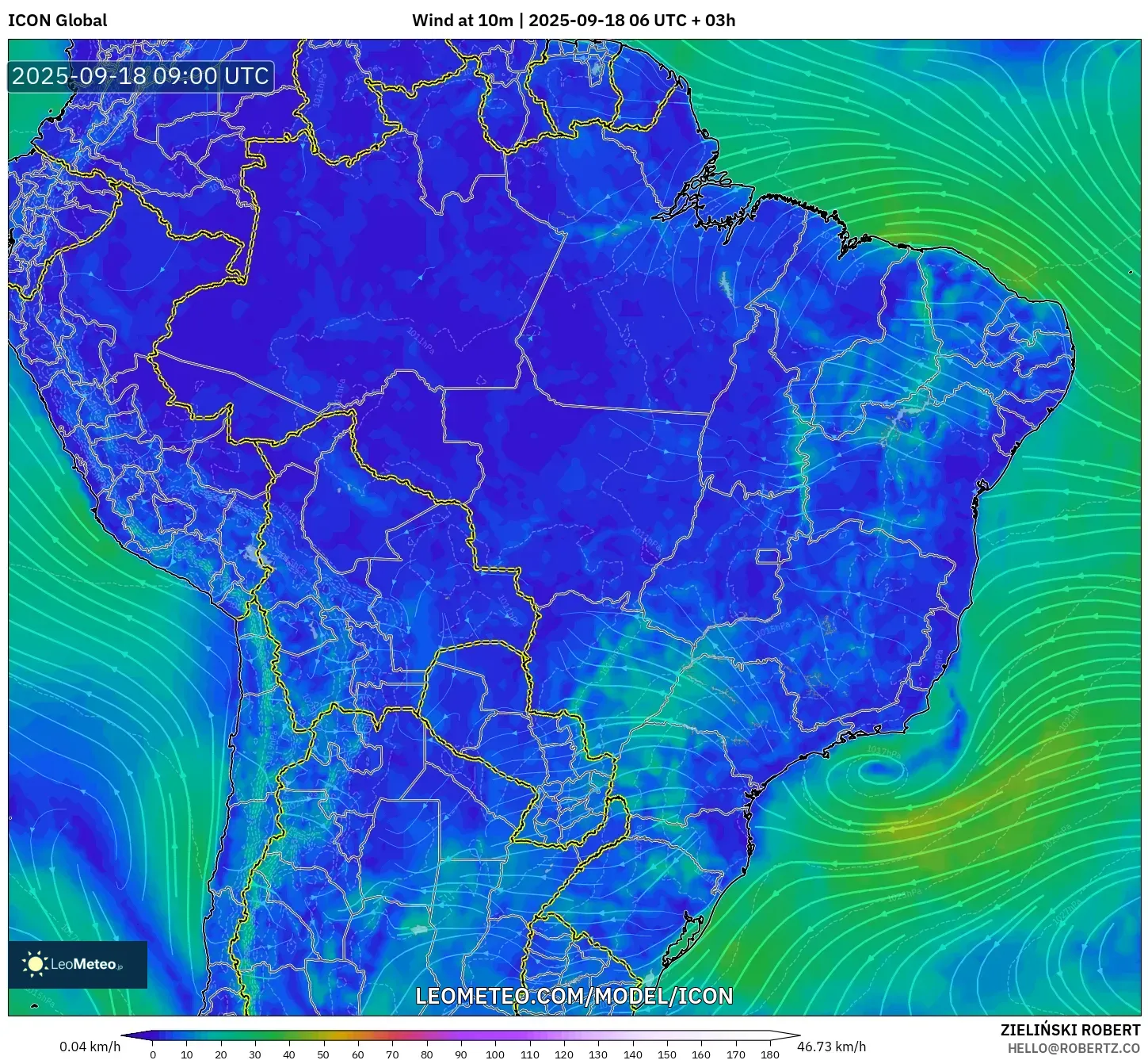 ICON model - Brazil, Wind at 10m