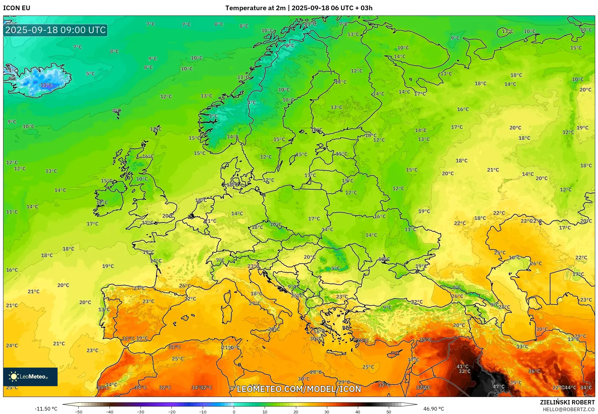 ICON model - Europe, Temperature at 2m