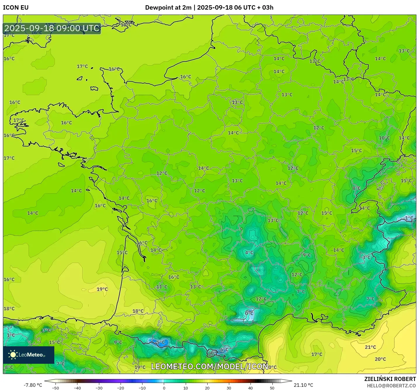 ICON model - France, Dewpoint at 2m