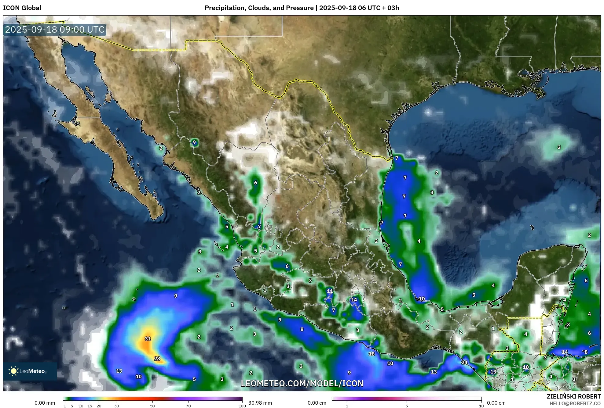 ICON model - Mexico, Precipitation, Clouds, and Pressure