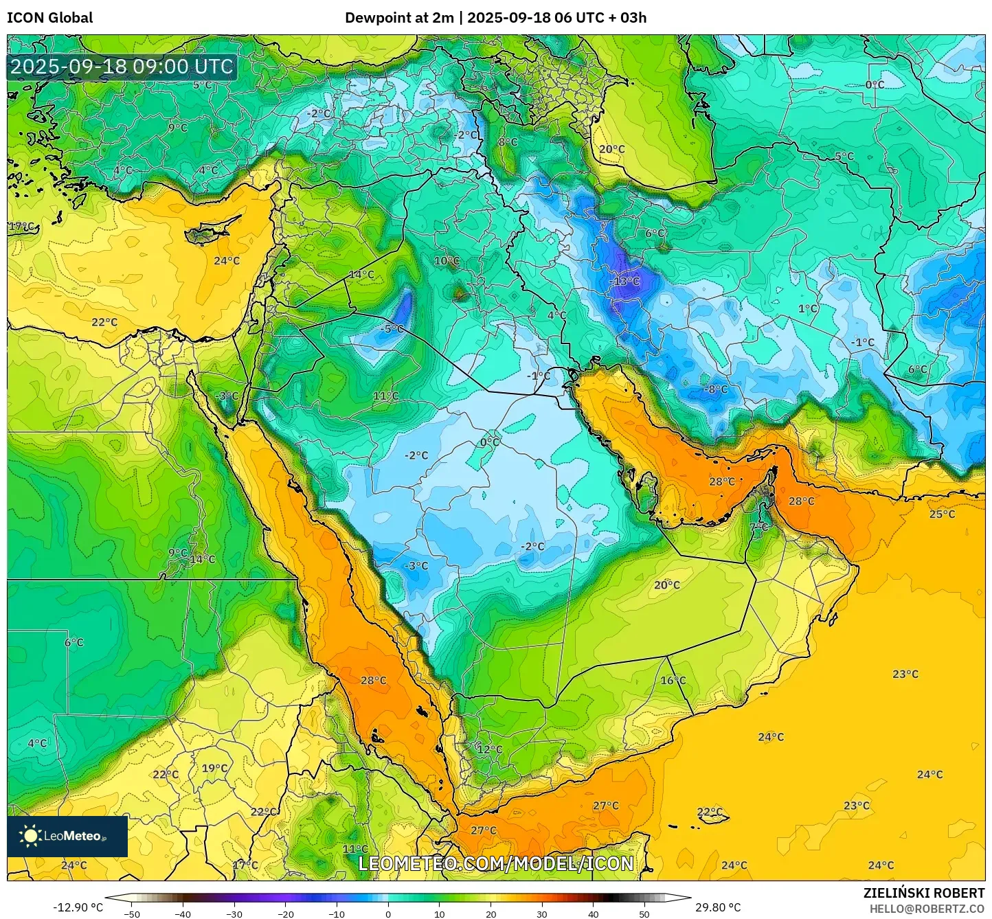 ICON model - Middle East, Dewpoint at 2m