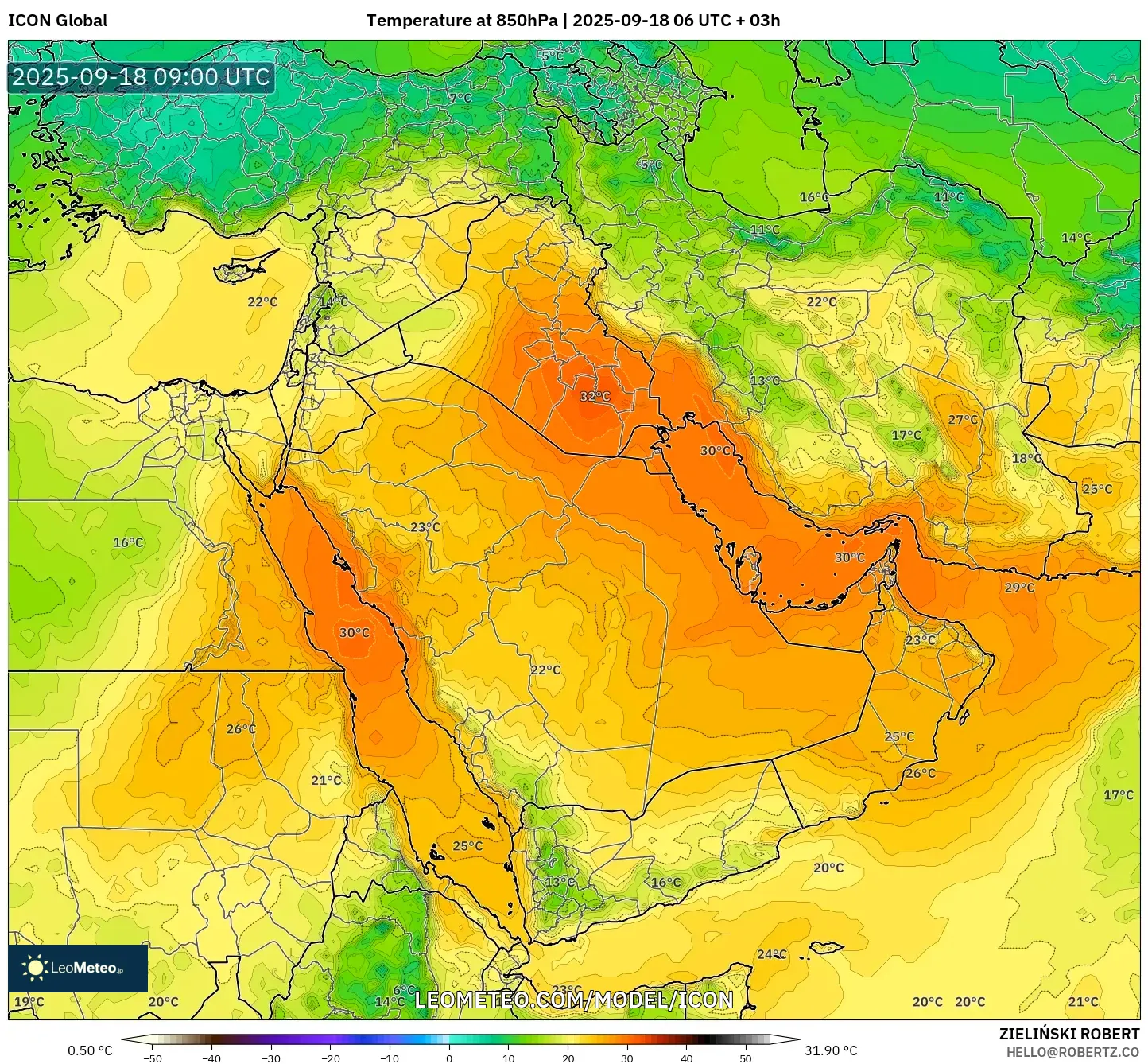 ICON model - Middle East, Temperature at 850hPa