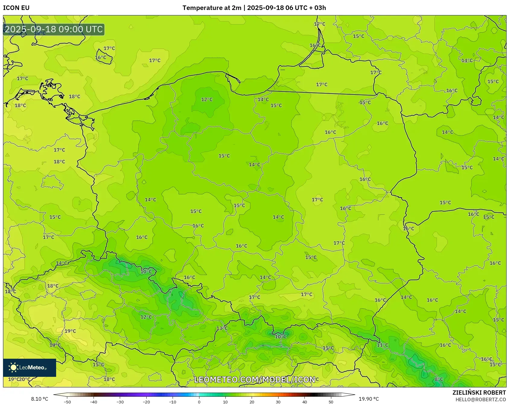ICON model - Poland, Temperature at 2m ICON model - Poland, Temperature at 2m