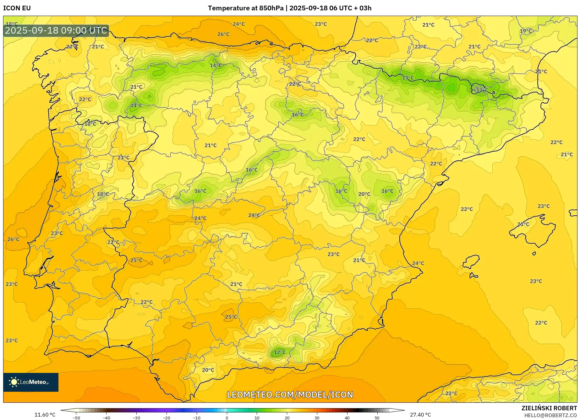ICON model - Spain, Temperature at 850hPa