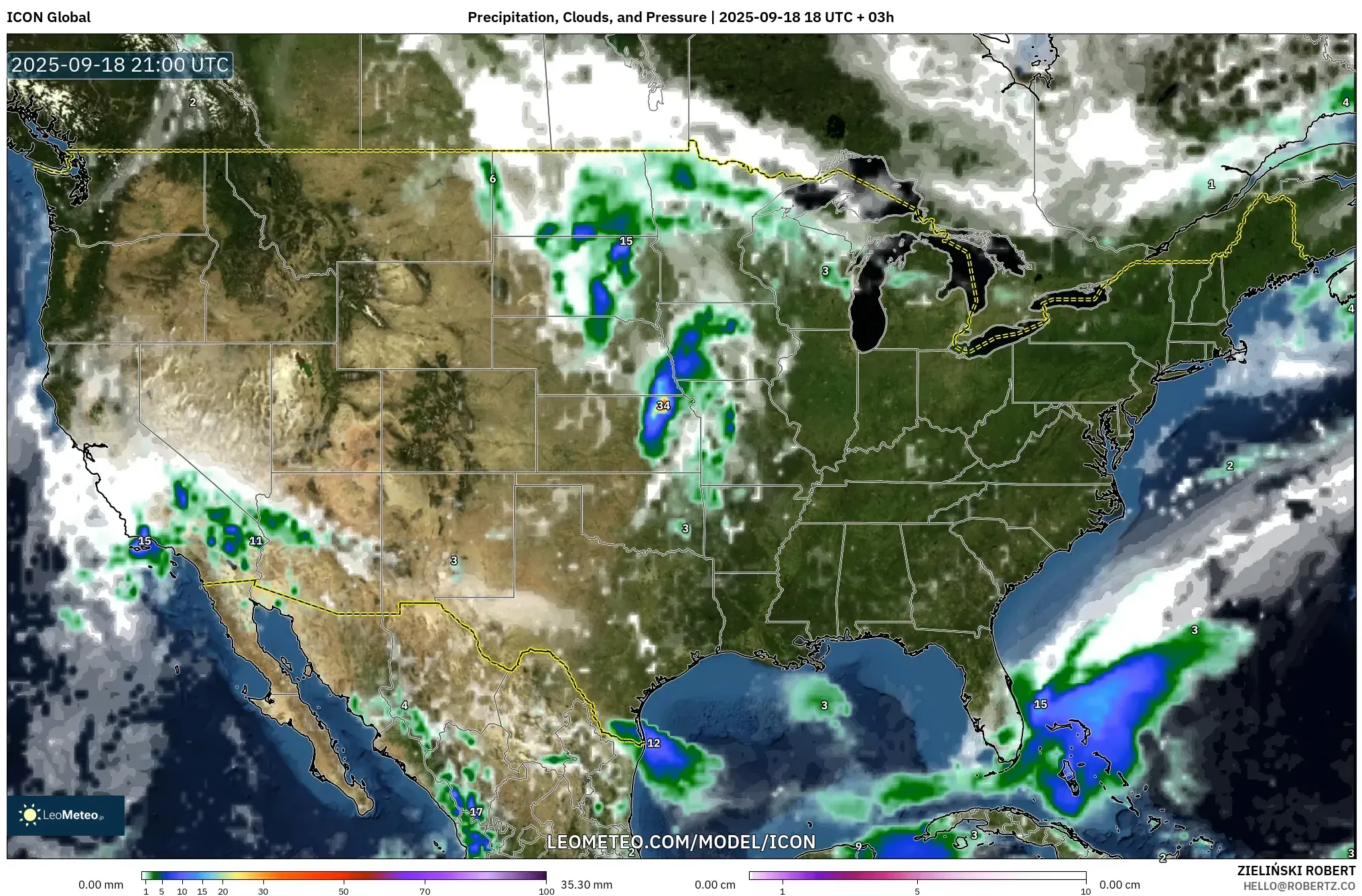 ICON model - United States, Precipitation, Clouds, and Pressure