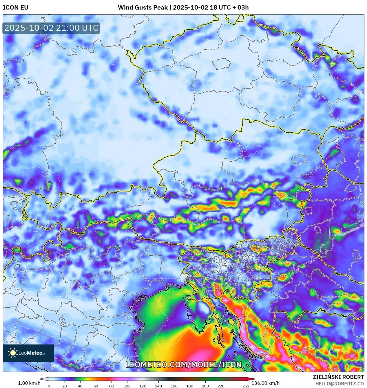 ICON model - Austria, Wind Gusts Peak