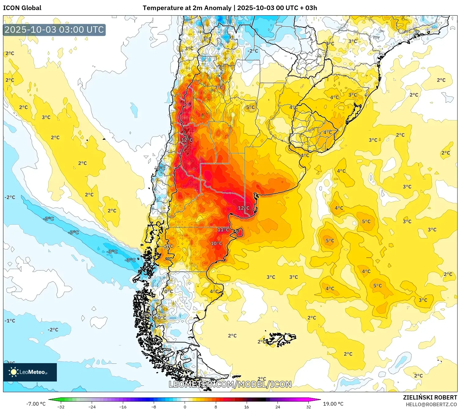 ICON model - Argentina, Temperature at 2m Anomaly