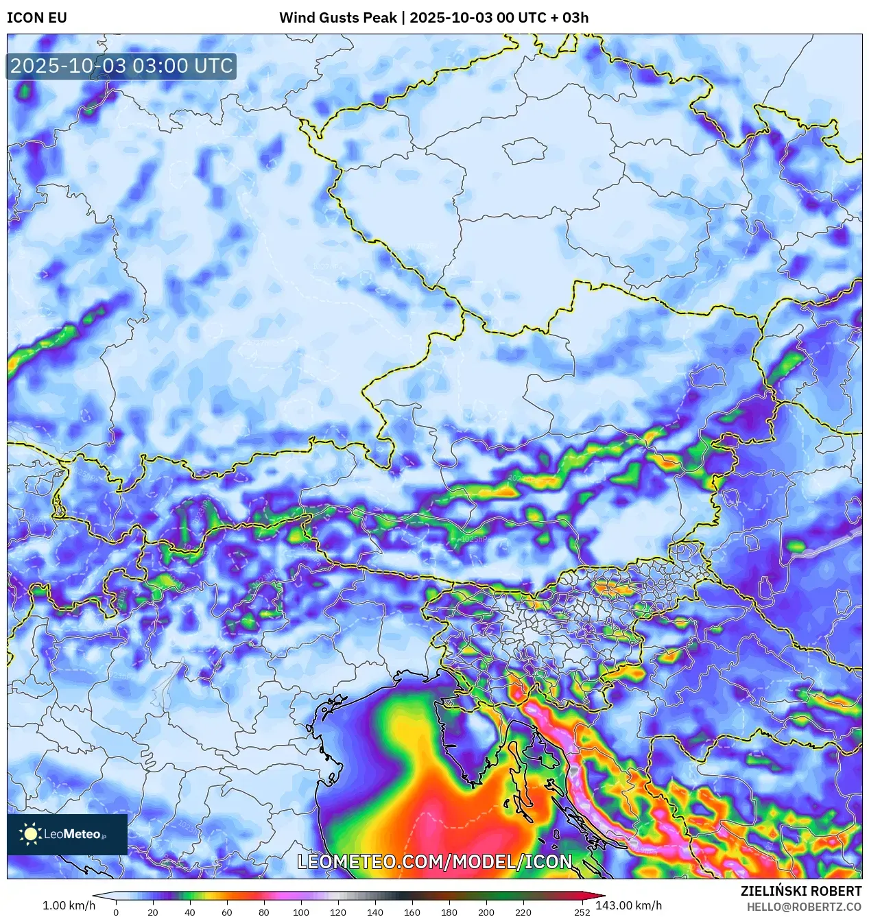 ICON model - Austria, Wind Gusts Peak